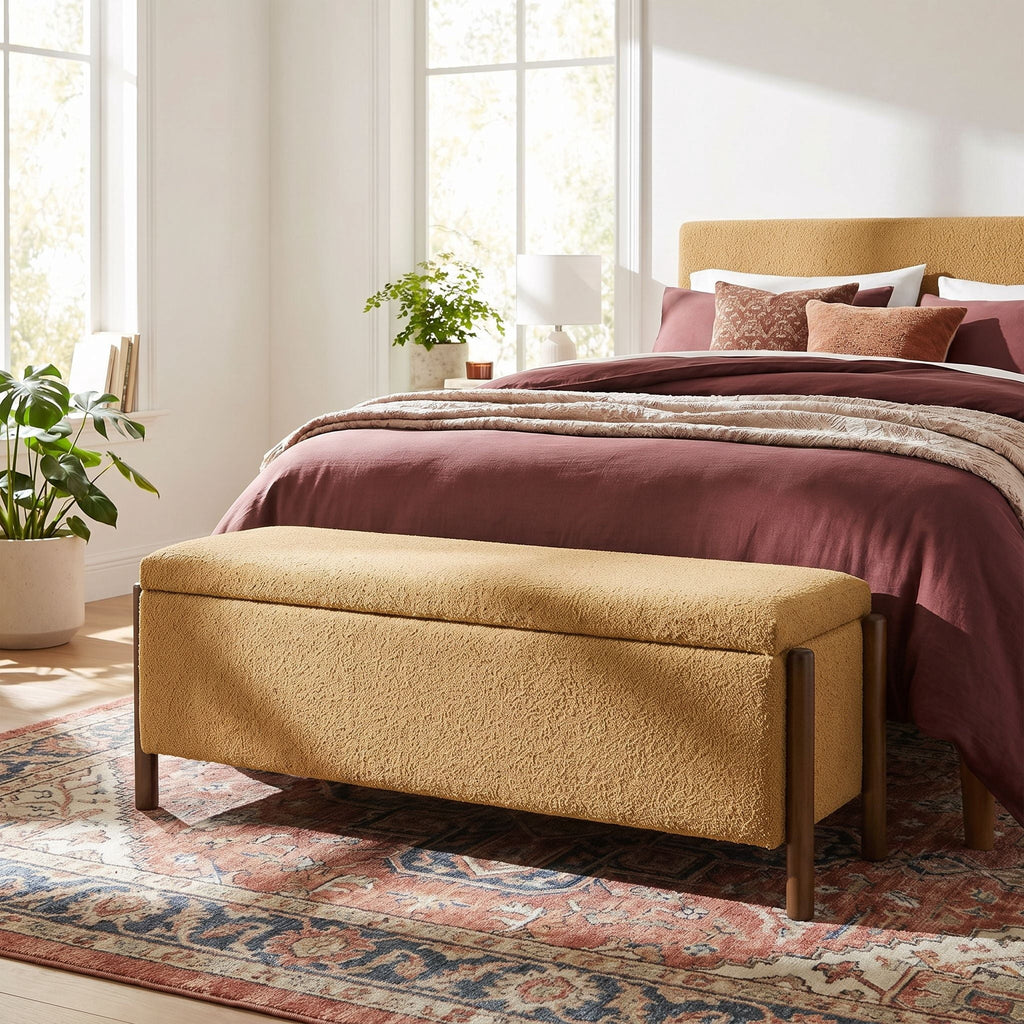 Upholstered Chenille Storage Bench, Spring Hinge Lift‑Top Storage Ottoman Bench, Solid Wood Legs, Anti‑Pinch Hinge, for Bedroom End of Bed, Entryway, Living Room,Yellow