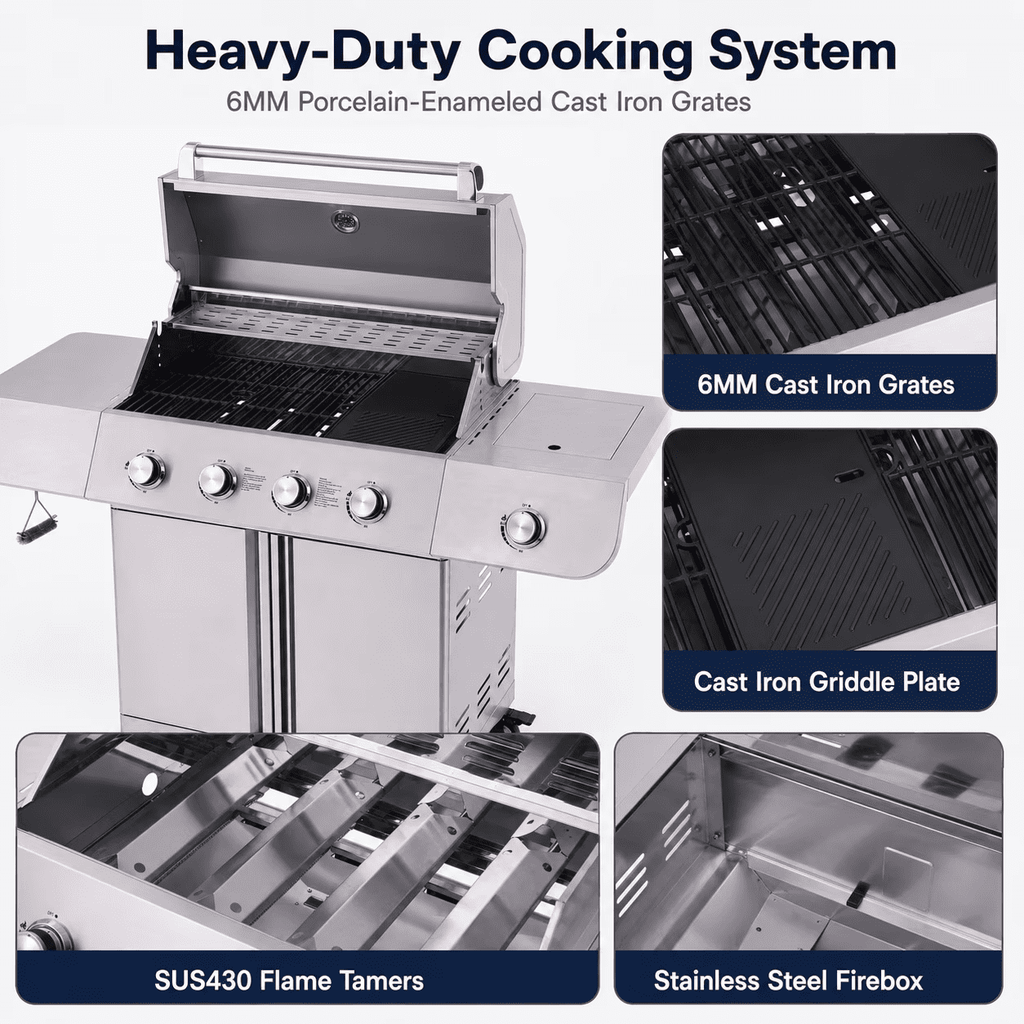 5 Burner Bbq Propane Gas Grill with Side Burner, Barbecue Grills with 627 Sq.in Cooking Area, Griddle Combo, 50000 Btu, Stainless Steel, Porcelain Grates