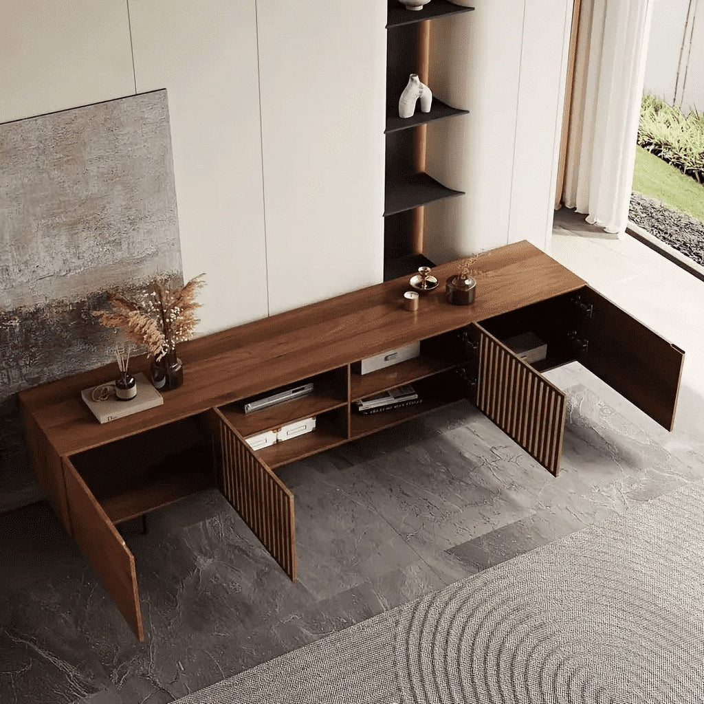Mid-Century Modern TV Stand for 80+" TVs, 94.48" Walnut Console with Storage, Stylish Entertainment Center for Living Room or Bedroom