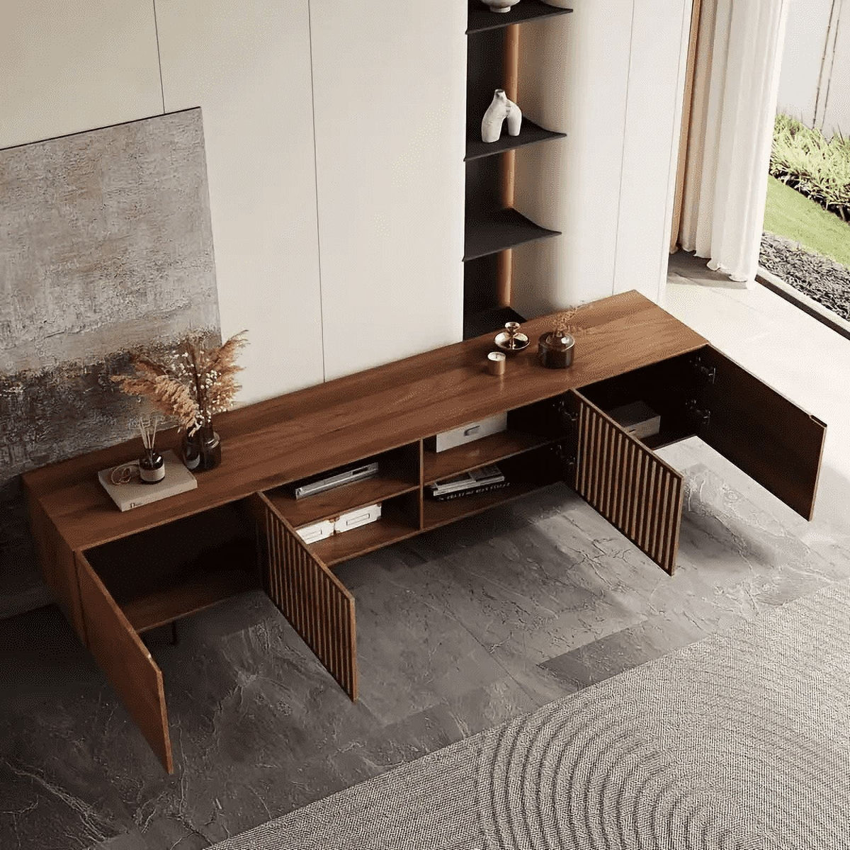 Mid-Century Modern TV Stand for 80+" TVs, 94.48" Walnut Console with Storage, Stylish Entertainment Center for Living Room or Bedroom