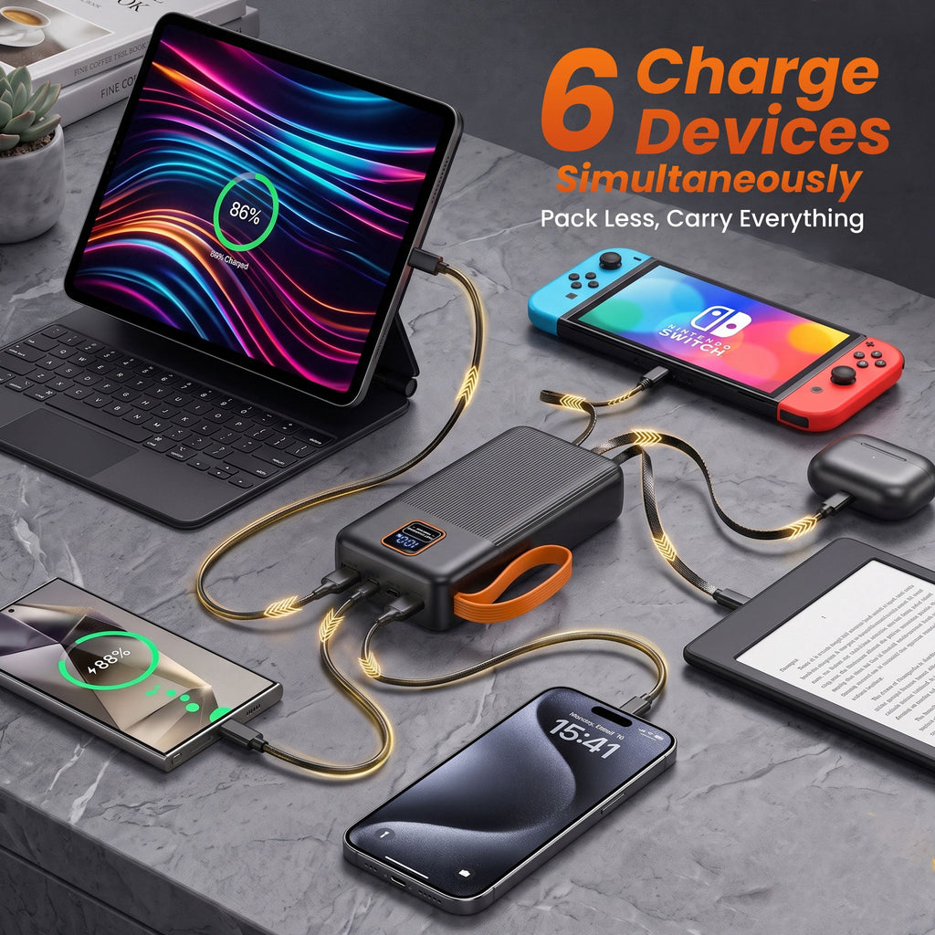 38800mAh Portable Charger Power Bank, 22.5W Fast Charging Slim Travel Battery Pack with 4 Built‑in Cables, Multi‑Ports for Outdoor, iOS & Android Devices