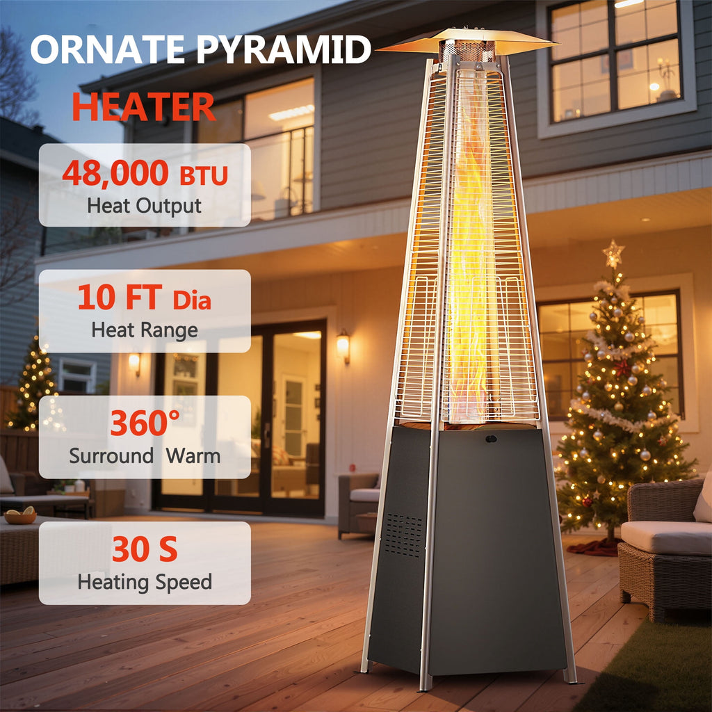 Patio Heater for Outdoor Use, 48,000BTU Powerful Pyramid Heater with Stable Base, Outdoor Porch Yard Propane Heater with Quartz Glass Tube for Fire, Dia 10FT Heating