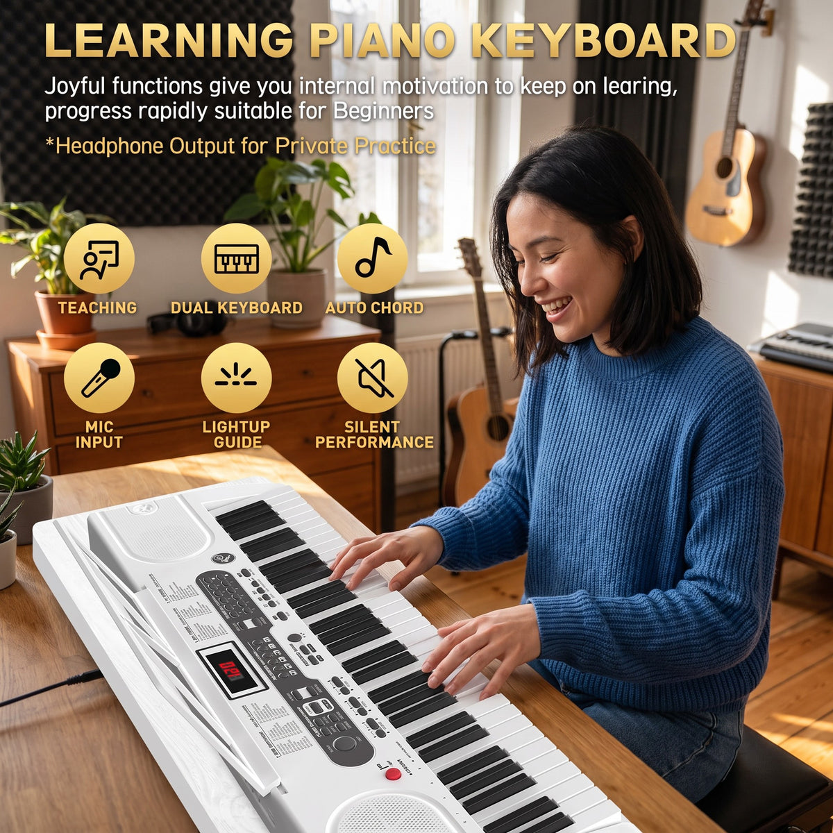 61 Key Lighted Keyboard Piano for Beginners with Stand, Bench, Microphone, Headphone & Built-In Speakers – White Electric Piano