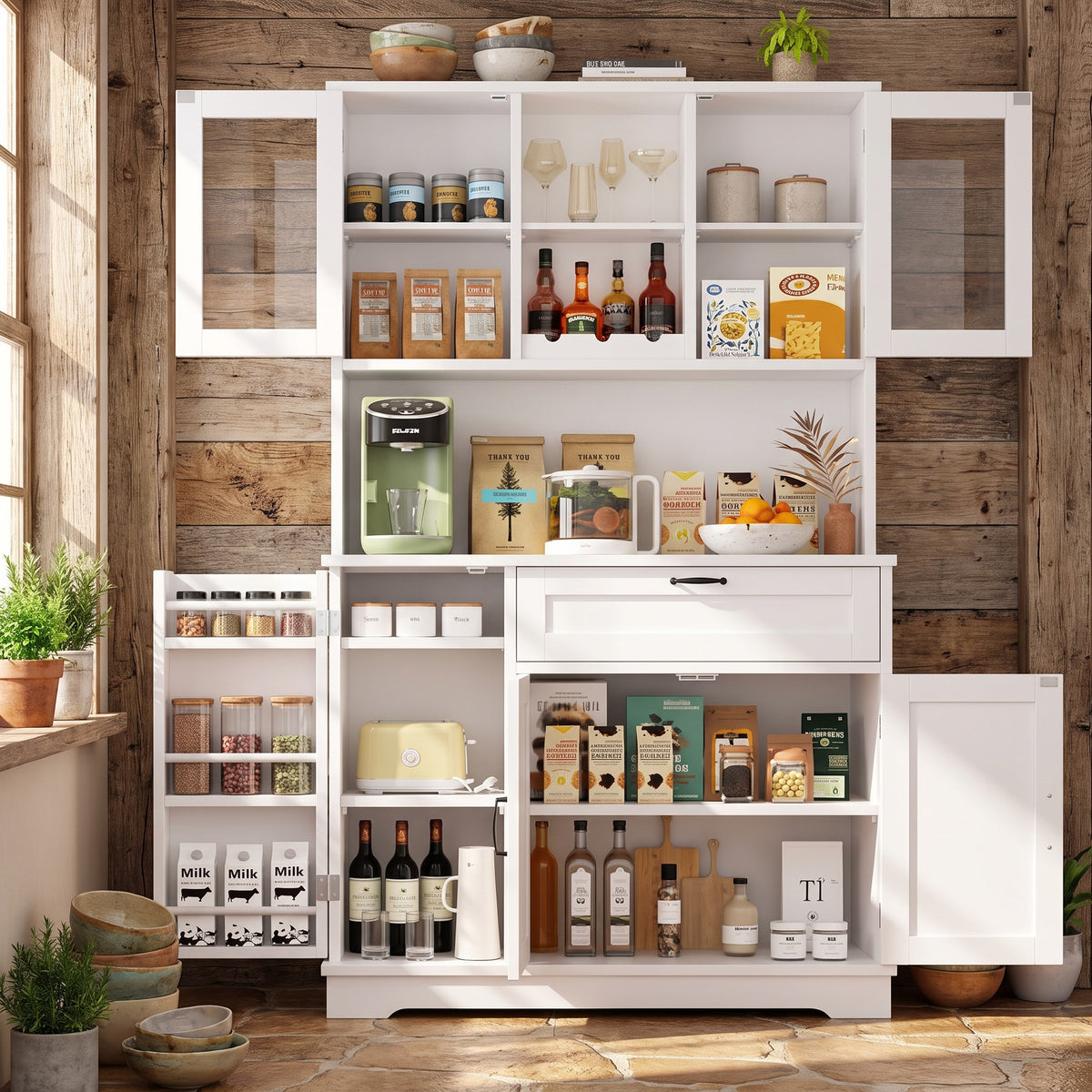 68" Farmhouse Kitchen Pantry Storage Cabinet with Doors, Shelves & Wine Rack, 7-Compartment Tall Hutch, White