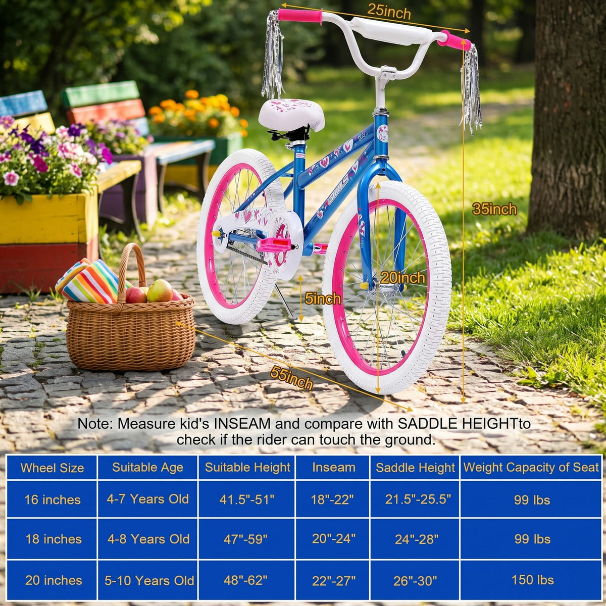 Girls 20 in. Bicycle, Youth Kids Bike for Age 7-14, Blue