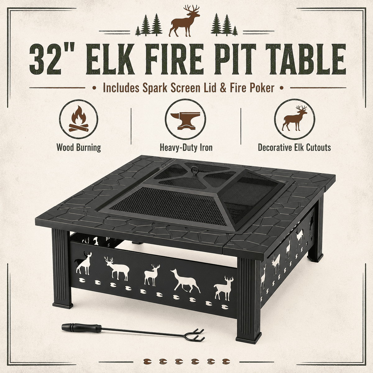 32’’ Square Fire Pit for Outdoor, Heavy-Duty Wood Burning Firepit Table with Screen Lid, Fire Poker and Elk Cutout Panels for Patio, Backyard and Garden