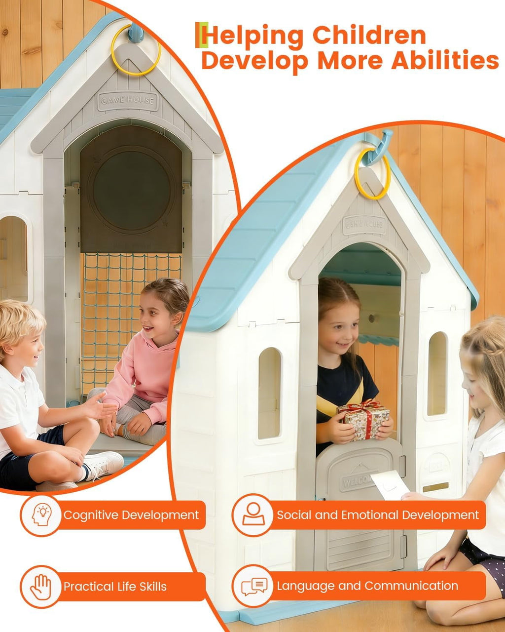 Playhouse with Basketball Hoop, Soccer Goal, Dartboard and Ring Toss Game, Indoor/Outdoor Toddler Play House with Stickers, for Boys and Girls Ages 6+, Cyan