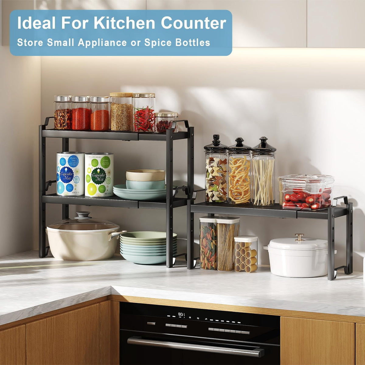 Expandable Cabinet Organizer Shelves 2 Pack, Stackable Kitchen Pantry Storage Rack, Adjustable Cupboard Shelf, Extends from Compact to 20.5"