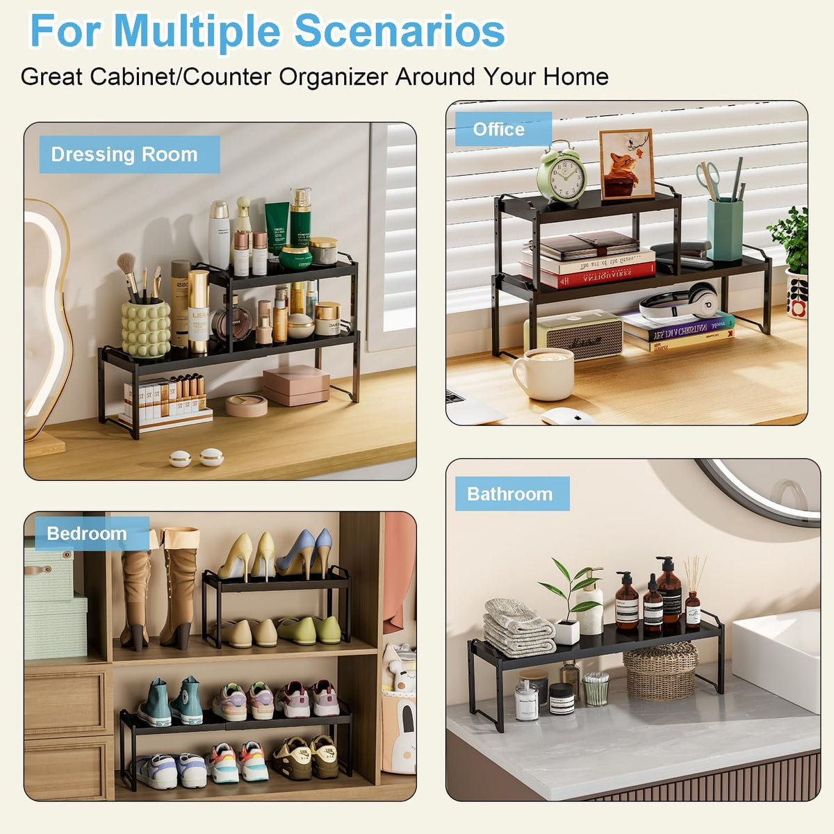 Expandable Cabinet Organizer Shelves 2 Pack, Stackable Kitchen Pantry Storage Rack, Adjustable Cupboard Shelf, Extends from Compact to 20.5"