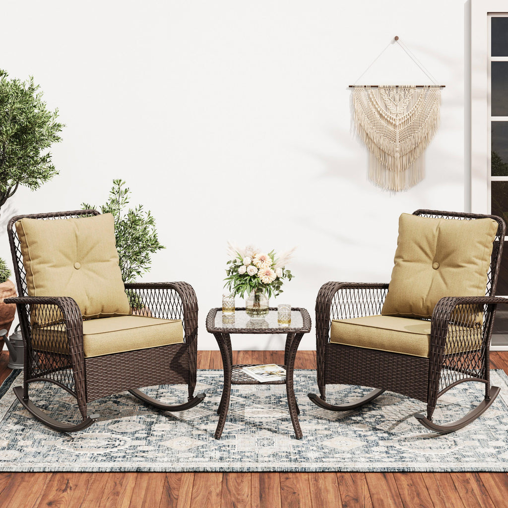 MRUAKA Outdoor Rocking Chairs Set of 3, Wicker Patio Furniture for Porch (Beige)