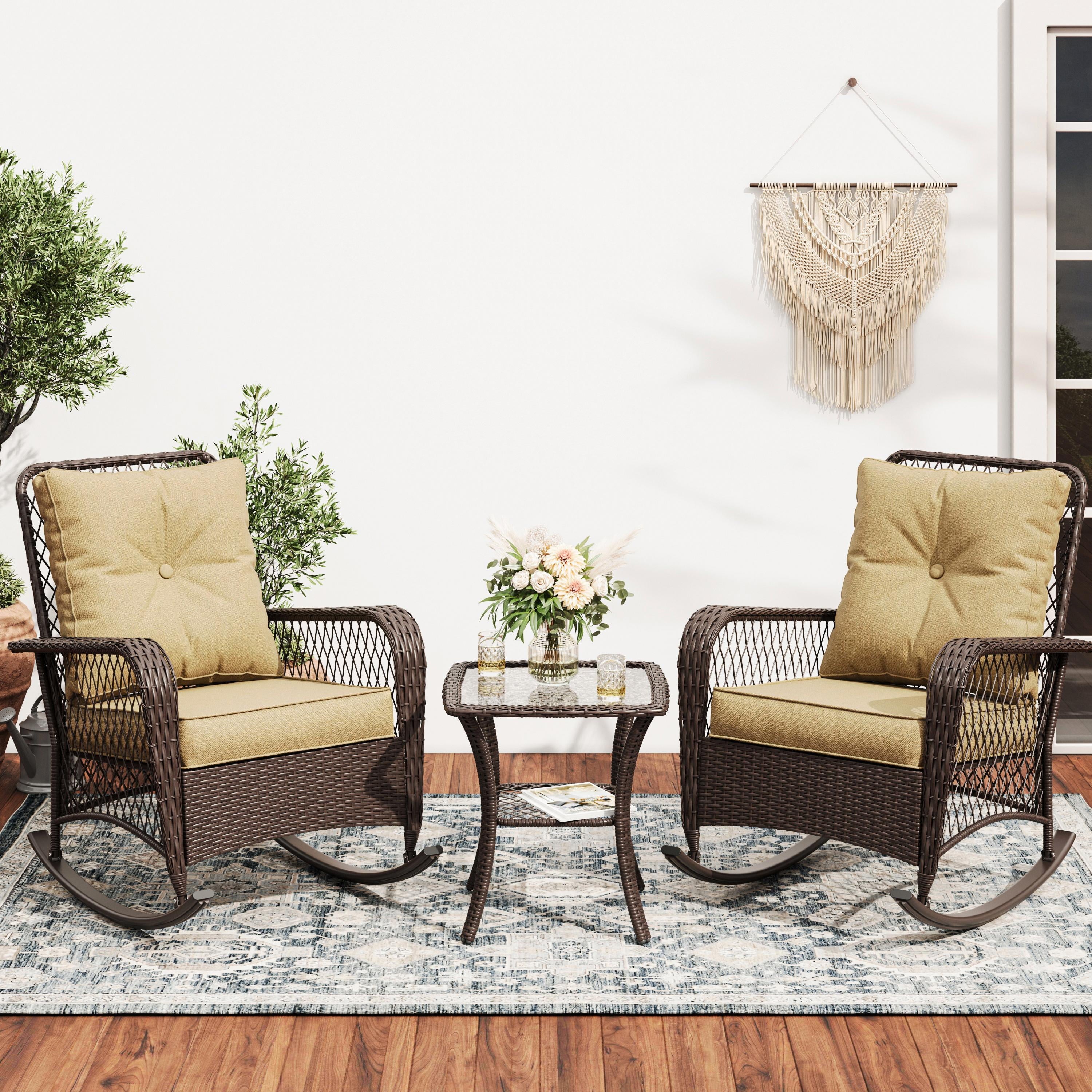 MRUAKA Outdoor Rocking Chairs Set of 3, Wicker Patio Furniture for Porch (Beige)