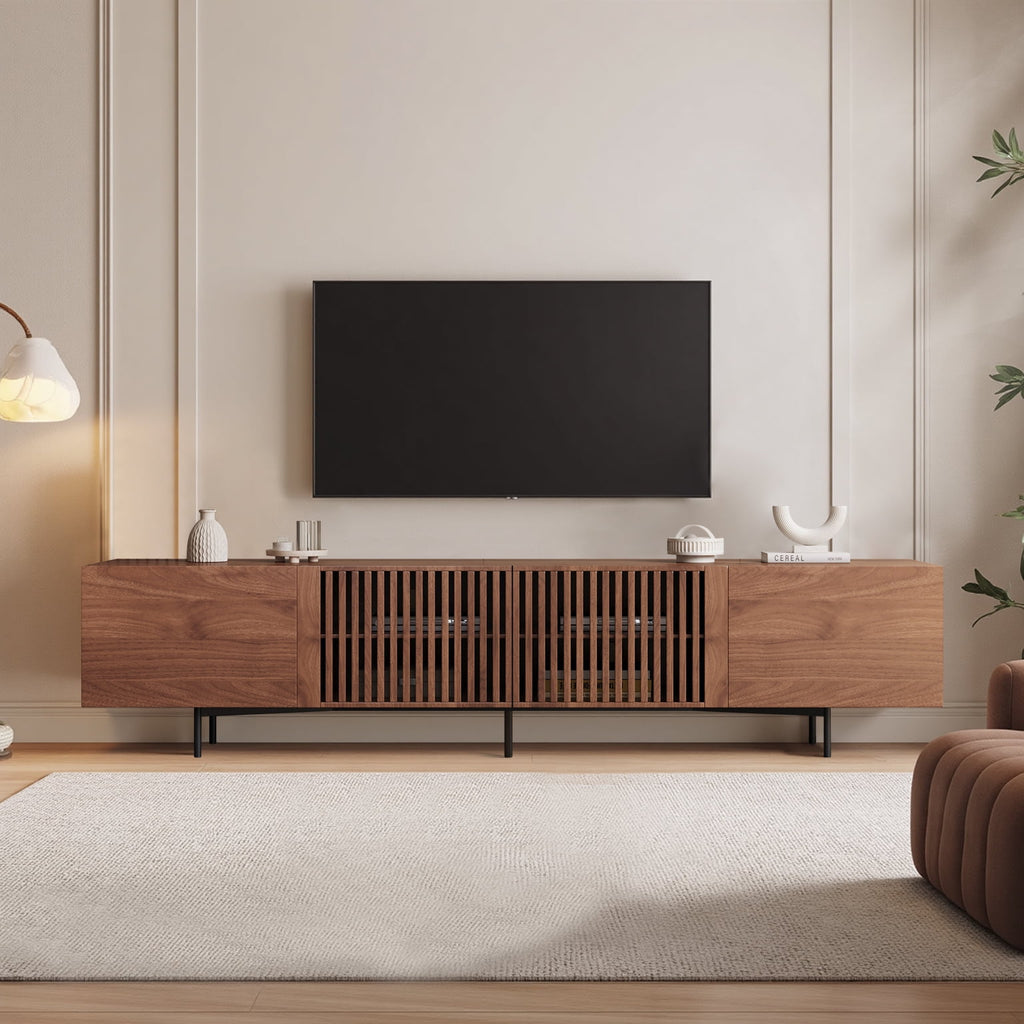 Mid-Century Modern TV Stand for 80+" TVs, 94.48" Walnut Console with Storage, Stylish Entertainment Center for Living Room or Bedroom