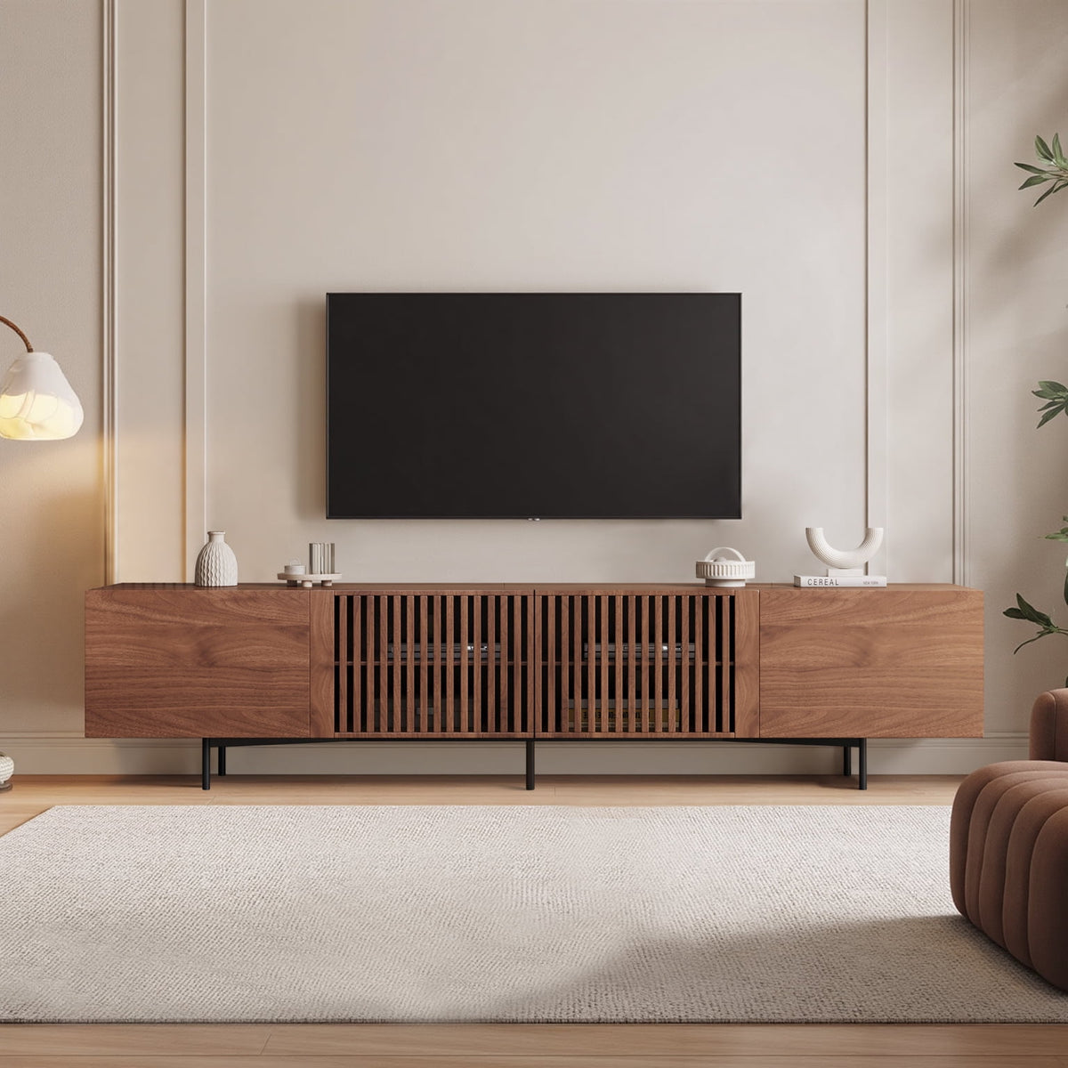 Mid-Century Modern TV Stand for 80+" TVs, 94.48" Walnut Console with Storage, Stylish Entertainment Center for Living Room or Bedroom