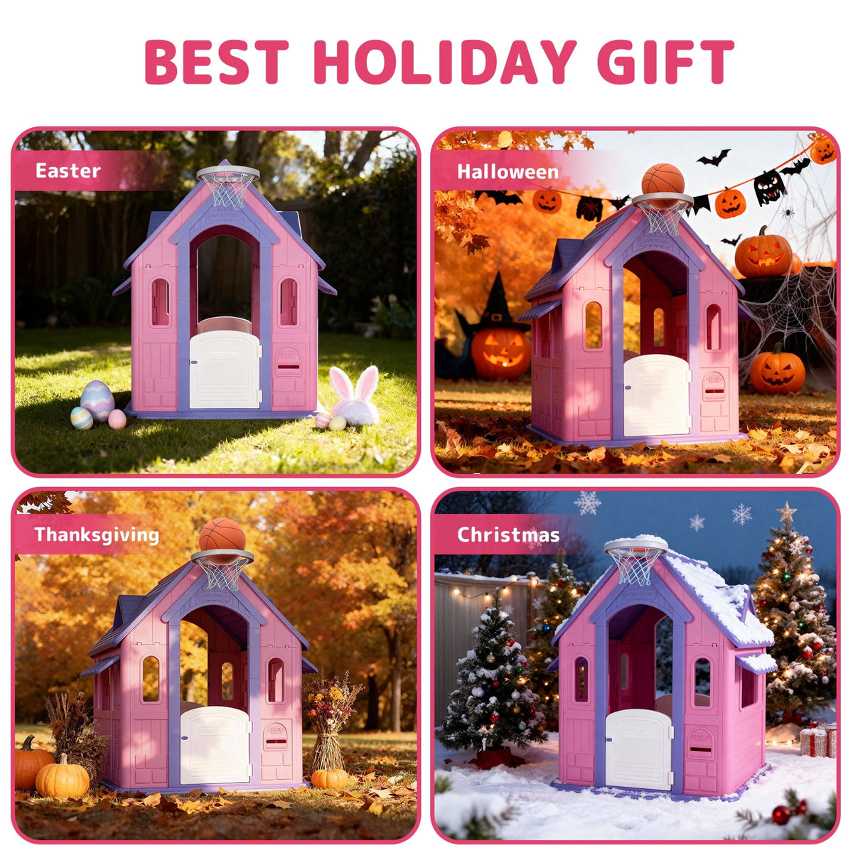 Playhouse for Kids,Kids Playhouse with Basketball Ring Toss Play and DIY Stickers, Activity Center Game House for Indoor Outdoor,Gift for Girls Boys