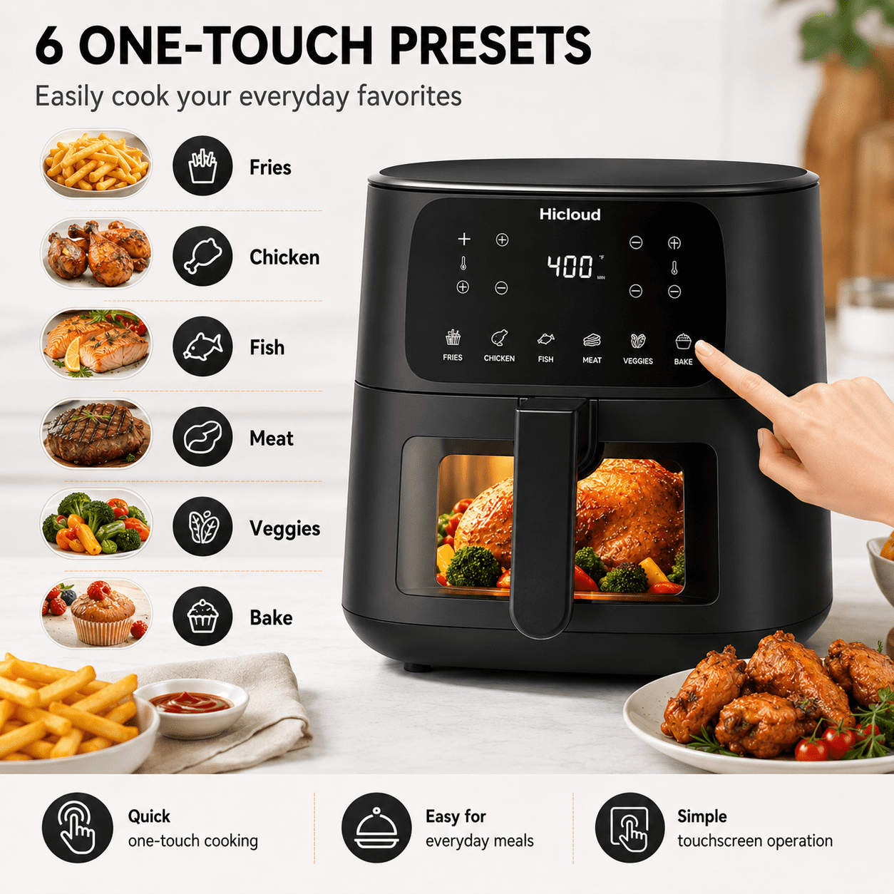 Hicloud 7.5QT Air Fryer, 1600W Large-Capacity Air Fryer with Visible Window, Touchscreen, 6 Cooking Presets, Adjustable Time & Temperature, Nonstick Basket, Black