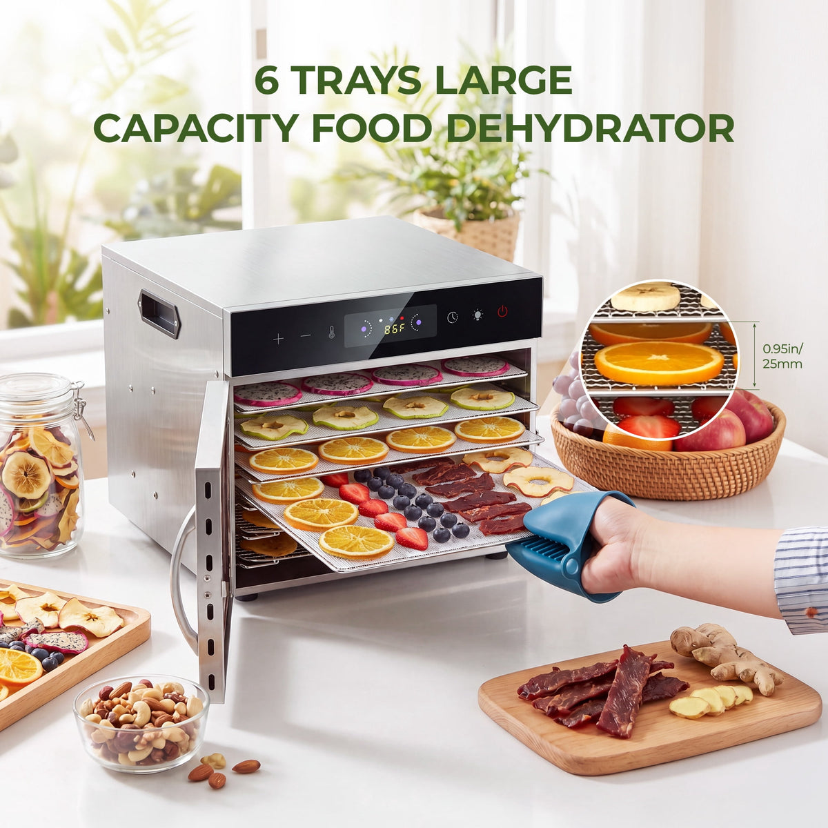 Food Dehydrator Machine with 6 Stainless Steel Large Trays,400W Fruit Dehydrator,24H Timer and 194°F Temperature Control, Food Dryer for Jerky, Herb, Meat,Beef,Fruit and Dog Treats,Silver