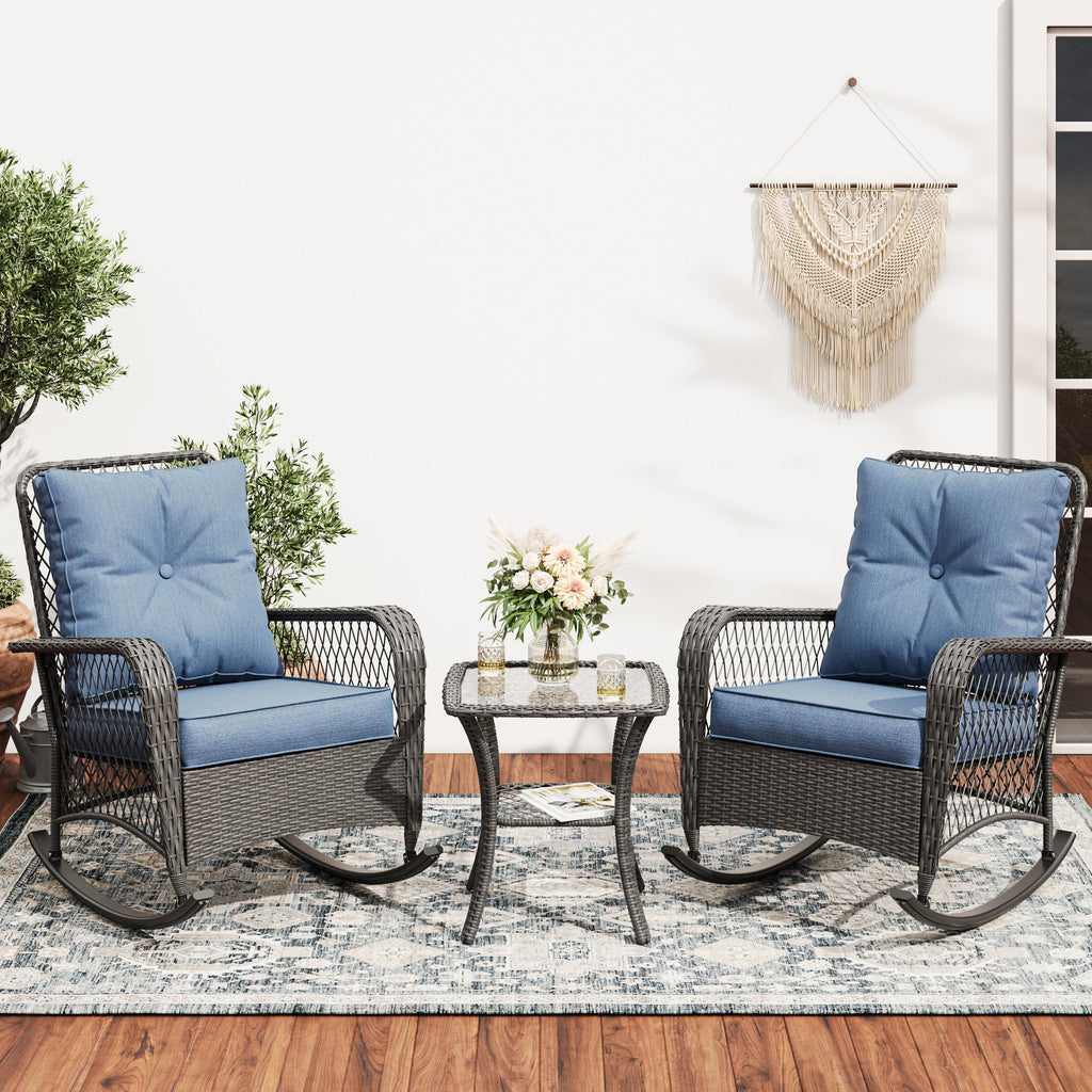 MRUAKA Outdoor Rocking Chairs Set of 3, Wicker Patio Furniture with Thickened Cushions and Table for Porch，350lbs Weight Capacity(Blue)