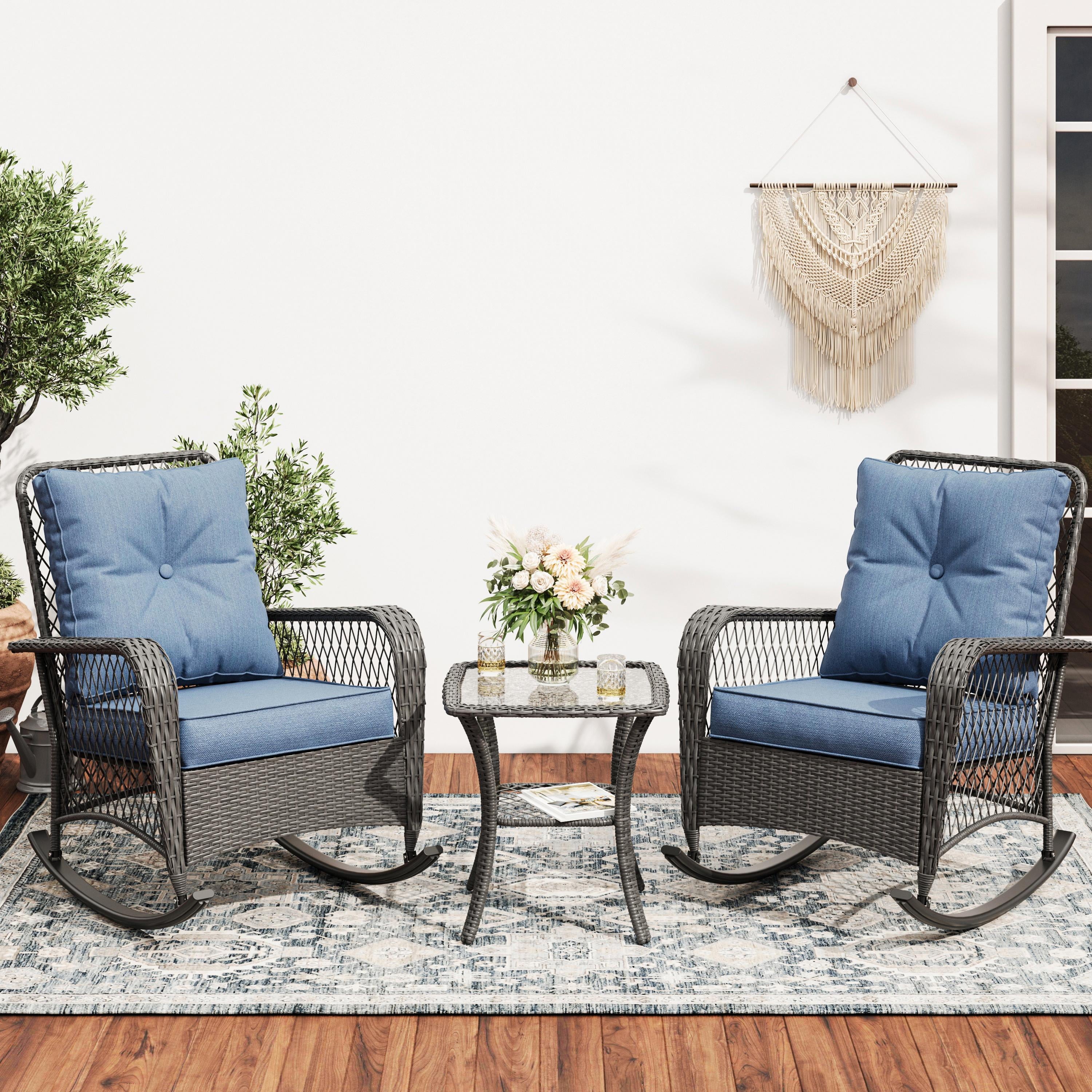 MRUAKA Outdoor Rocking Chairs Set of 3, Wicker Patio Furniture with Thickened Cushions and Table for Porch，350lbs Weight Capacity(Blue)