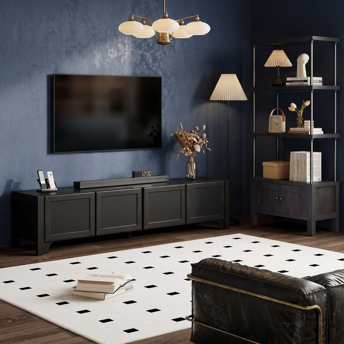70" Low-Profile Entertainment Center with Leather-Wrapped Doors & Open Shelving Modern Black TV Stand, Holds Up to 300 lbs