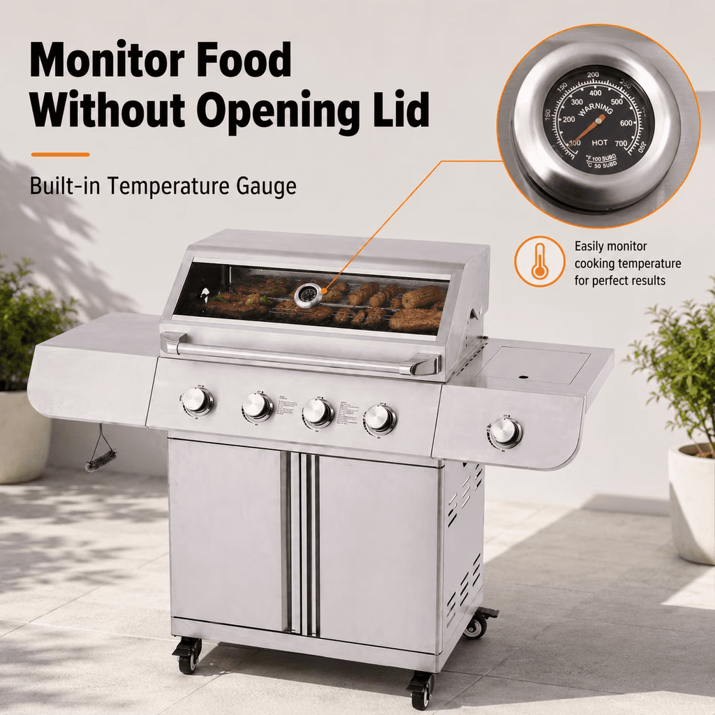 5 Burner Bbq Propane Gas Grill with Side Burner, Barbecue Grills with 627 Sq.in Cooking Area, Griddle Combo, 50000 Btu, Stainless Steel, Porcelain Grates