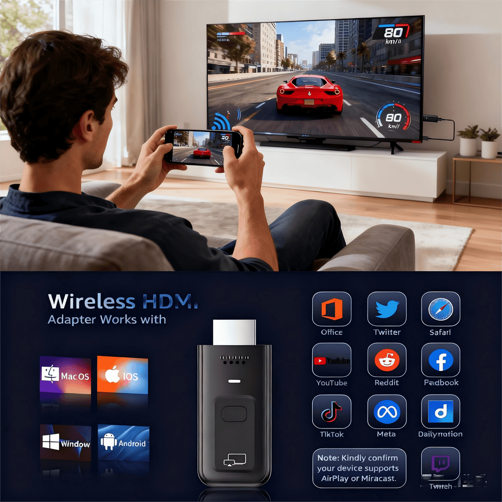 Wireless HDMI Transmitter and Receiver, 2-in-1 Plug & Play Wireless HDMI Display Adapter, 4K Decode 1080P Output, Screen Mirroring from Laptop PC Phone to TV Monitor Projector