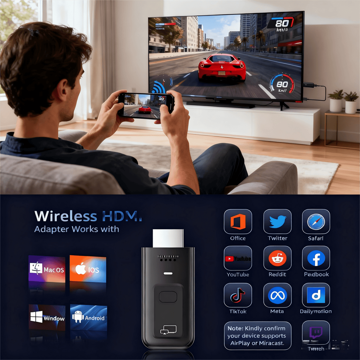 Wireless HDMI Transmitter and Receiver, 2-in-1 Plug & Play Wireless HDMI Display Adapter, 4K Decode 1080P Output, Screen Mirroring from Laptop PC Phone to TV Monitor Projector