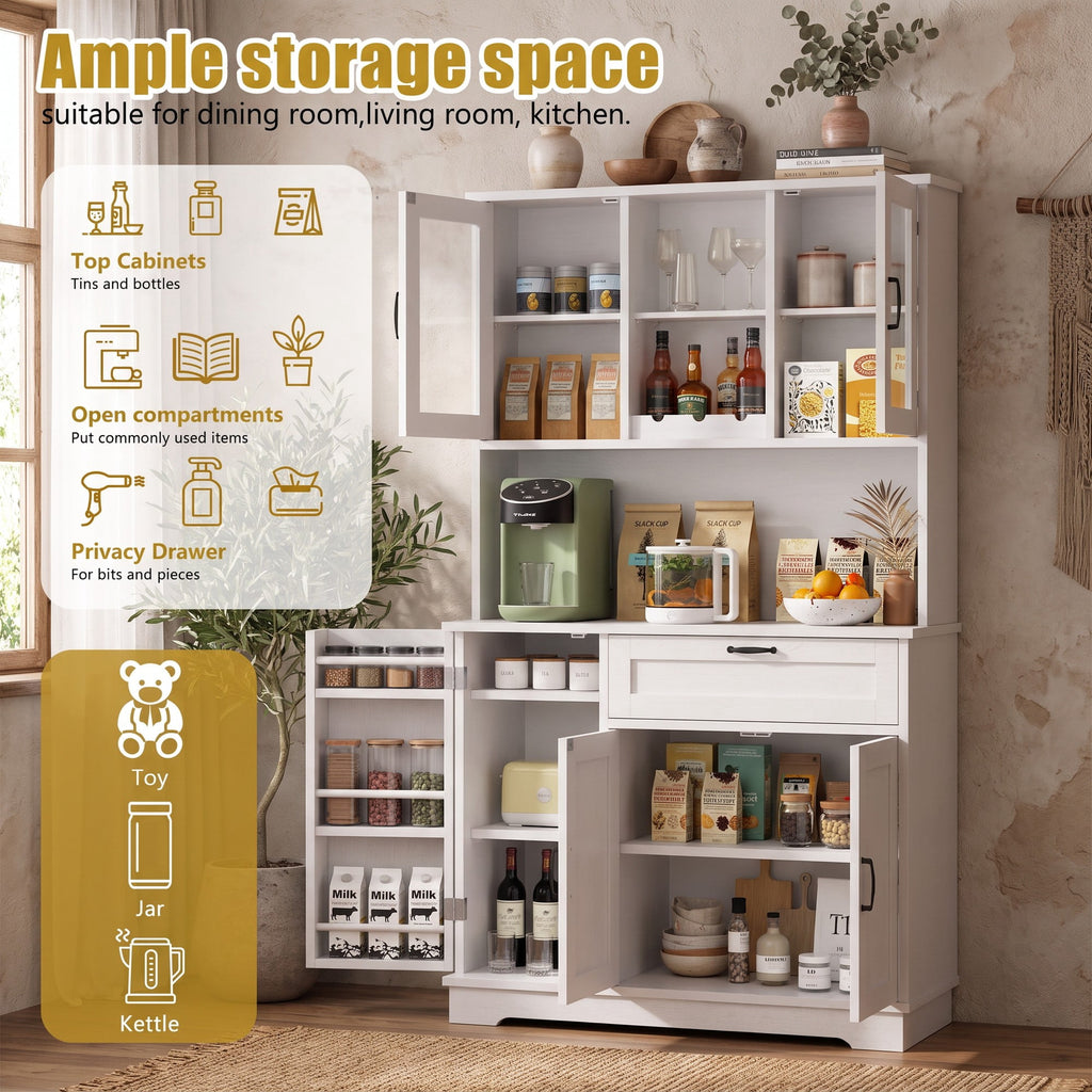 68" Farmhouse Kitchen Pantry Storage Cabinet with Doors, Shelves & Wine Rack, 7-Compartment Tall Hutch, White