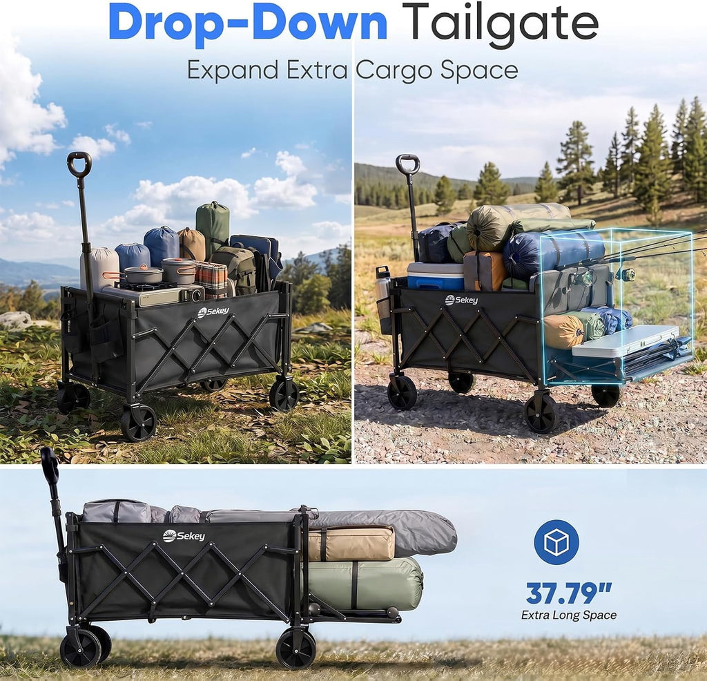 Collapsible Wagon with Wheels, Wagons Carts Foldable Wagon Cart with Flexible Handle, Folding Utility Heavy Duty Wagons Carts for Grocery Shopping Garden，Blue