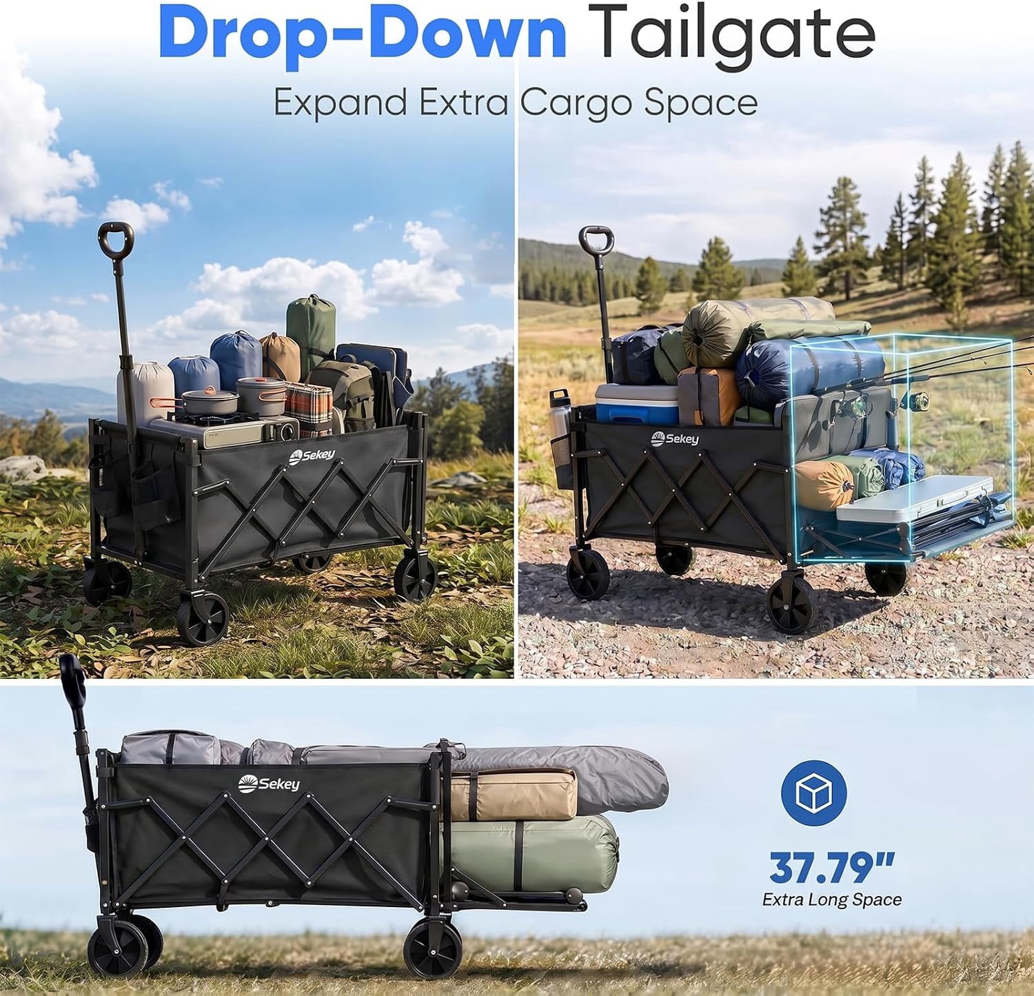 Collapsible Wagon with Wheels, Wagons Carts Foldable Wagon Cart with Flexible Handle, Folding Utility Heavy Duty Wagons Carts for Grocery Shopping Garden，Blue