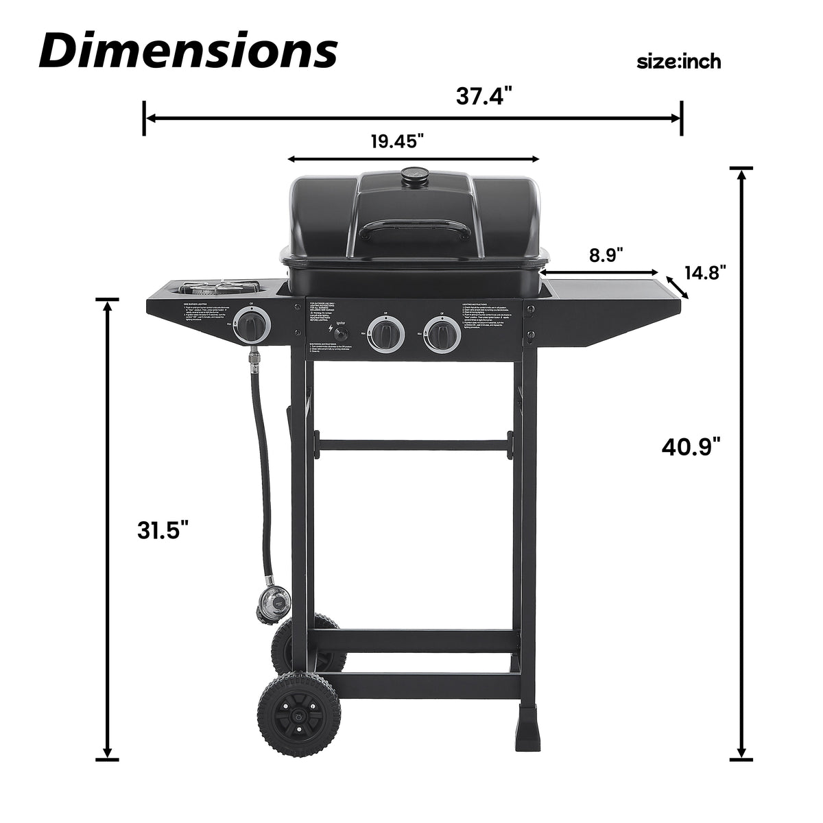 Portable Gas Grill, 24000BTU Grills with 2 Large Wheels, Propane Grill with Side Burner and Thermometer for Patio Activity