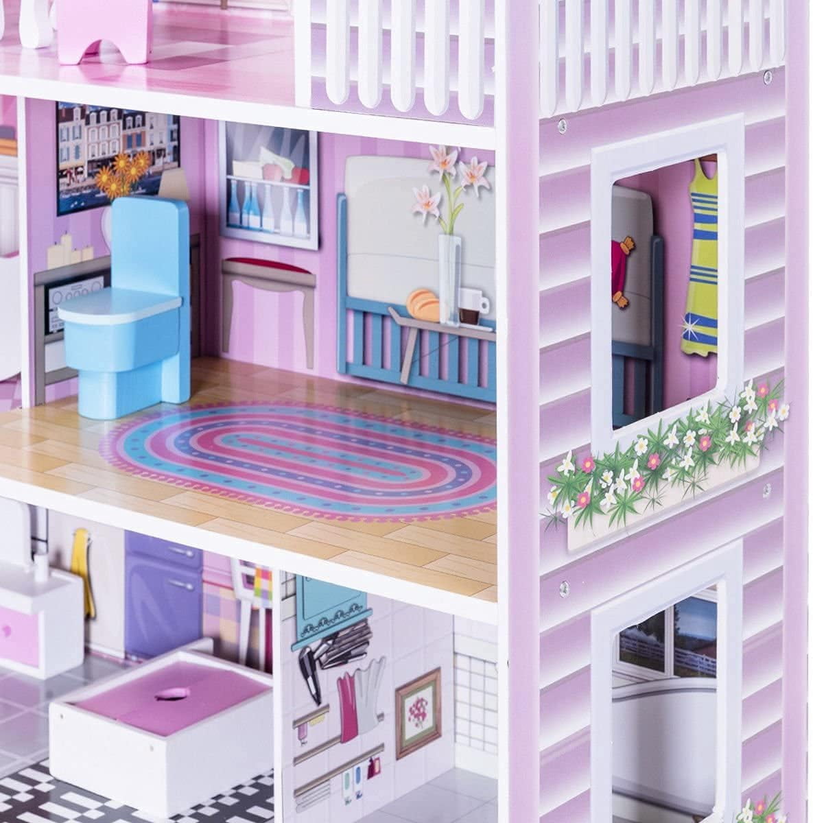 Wooden Dollhouse with warm LED Lights, 3-Story Pretend Play Doll House with 16 Furniture & Accessories, DIY Princess Playhouse, Creative Gift for Girls