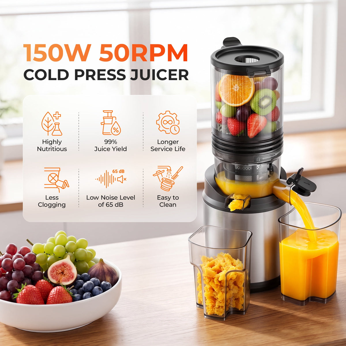 Juicer Machine,Cold Press Juicer with 5.12" Wide Feed Chute Fit Whole Fruits Vegetables, Masticating Juicer with High Juice Yield,Easy to Clean,Black