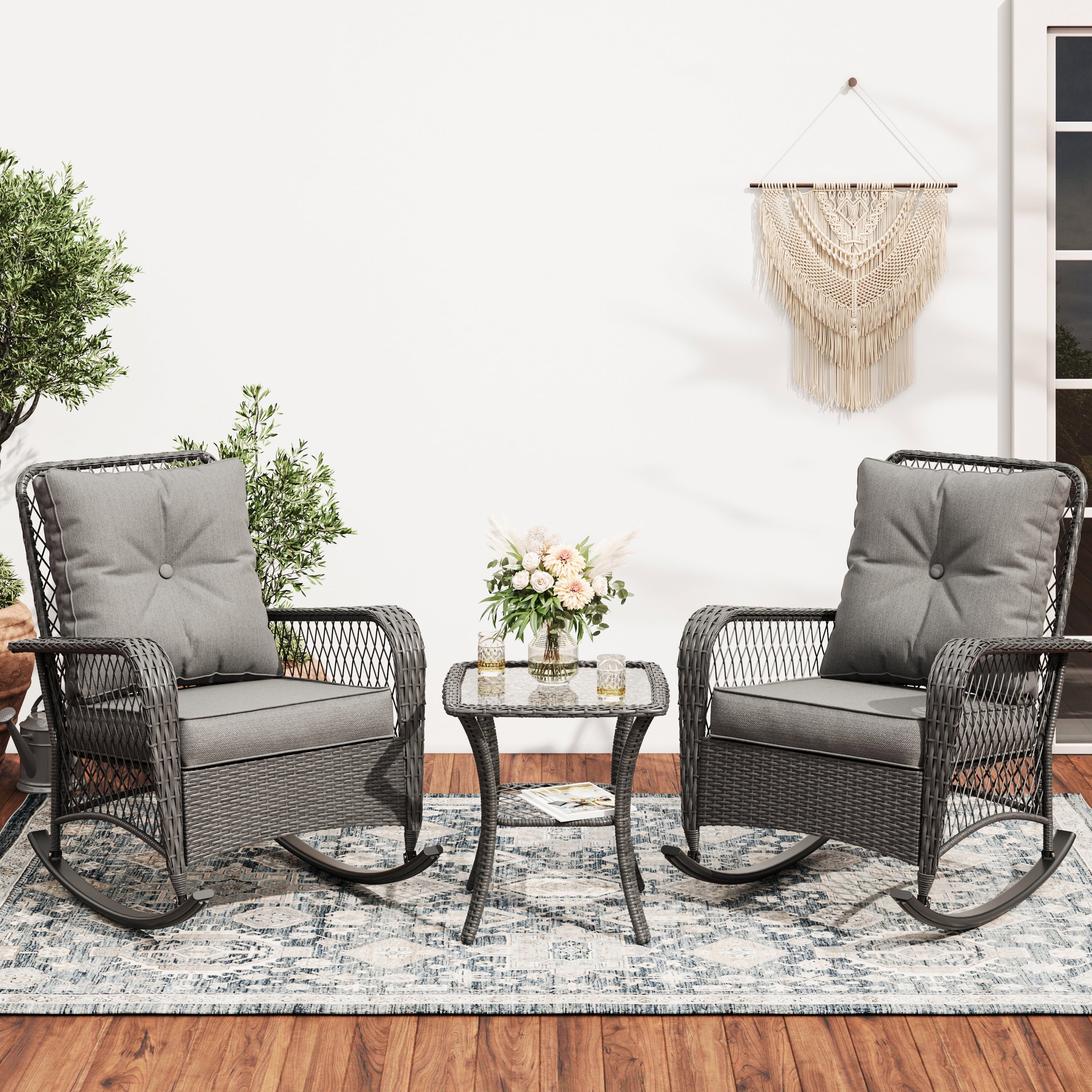 MRUAKA Outdoor Rocking Chairs Set of 3, Wicker Patio Furniture with Thickened Cushions and Table for Porch，350lbs Weight Capacity(Gray)
