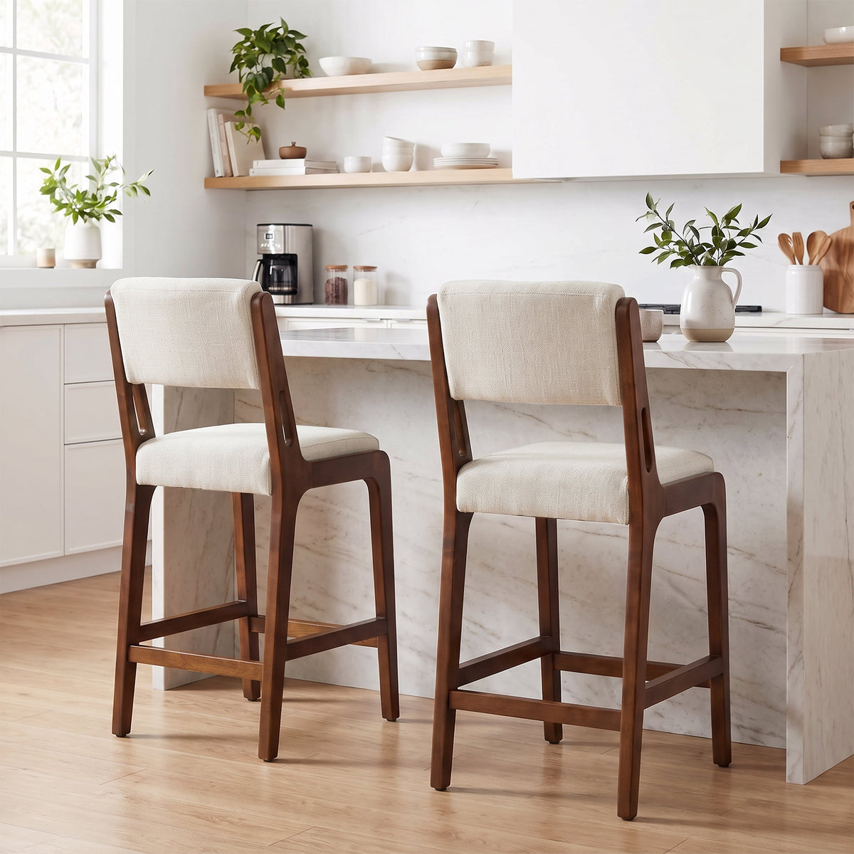 Modern Upholstered Counter Height Bar Stools Set of 2 with Solid Wood Legs and Integrated Footrest for Kitchen Island, Dining Room, Home Bar
