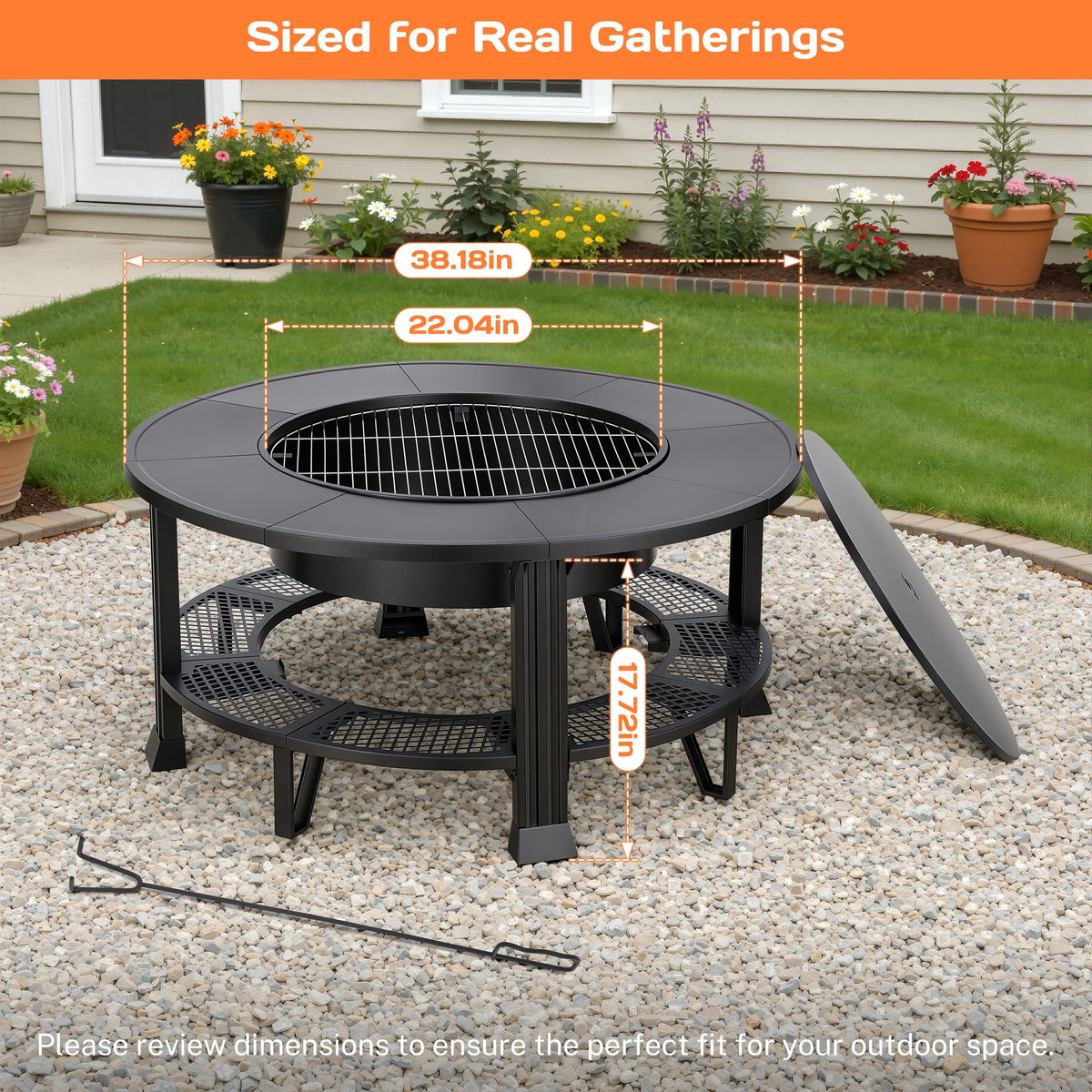 38" Fire Pits for Outside, SEGMART Outdoor Fire Pit, Round Wood Burning Fire Pit with Grill, Poker, Waterproof Cover, Fire Pit Table for Patio BBQ, Backyard Fire Pit, Firepit for Outside Patio, Black