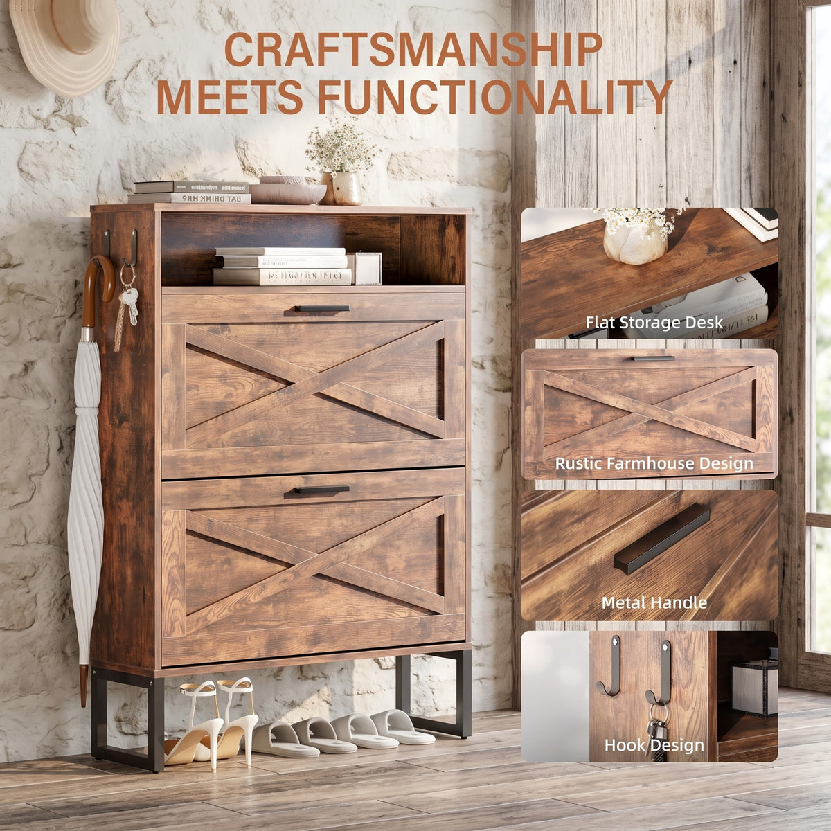 Flip-Door Shoe Cabinet for Entryway, Holds 32 Pairs, Adjustable Shelves, Farmhouse Burnt Wood Finish, 39" Tall