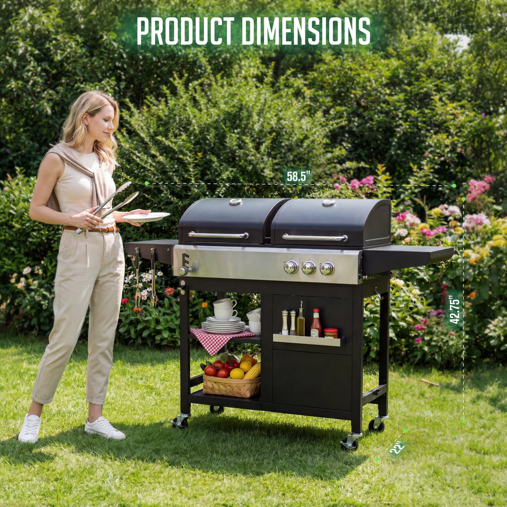 3-Burner Gas and Charcoal Grill Combo, Dual Fuel 54,000 BTU BBQ Propane Grill with Side Burner for Backyard BBQ, Outdoor Cooking & Camping