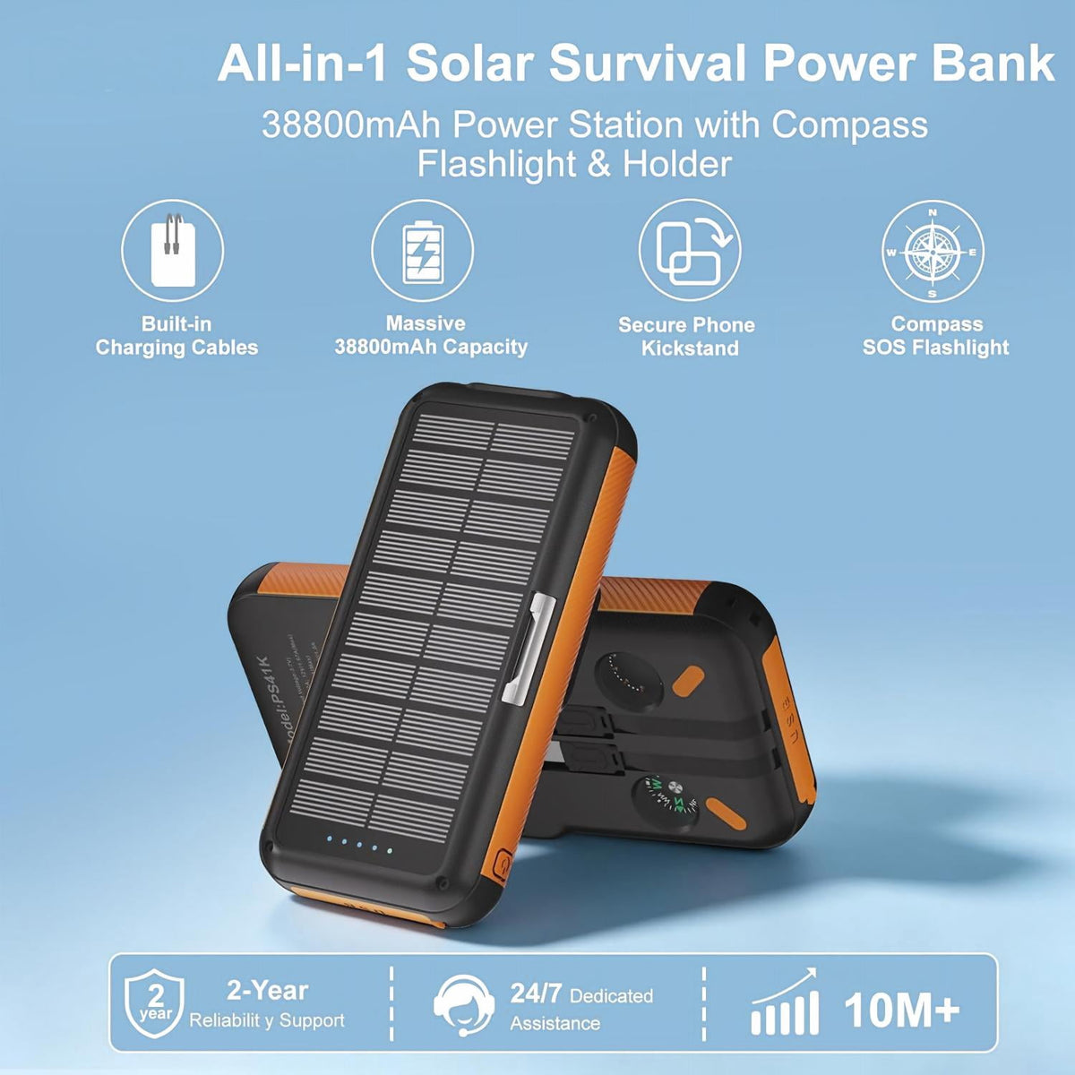 38800mAh Solar Power Bank, 22.5W Fast Charging Portable Charger for iPhone/Android, Solar Charger with Built‑in Cables & Dual Flashlight for Outdoor Camping Hiking(Orange)