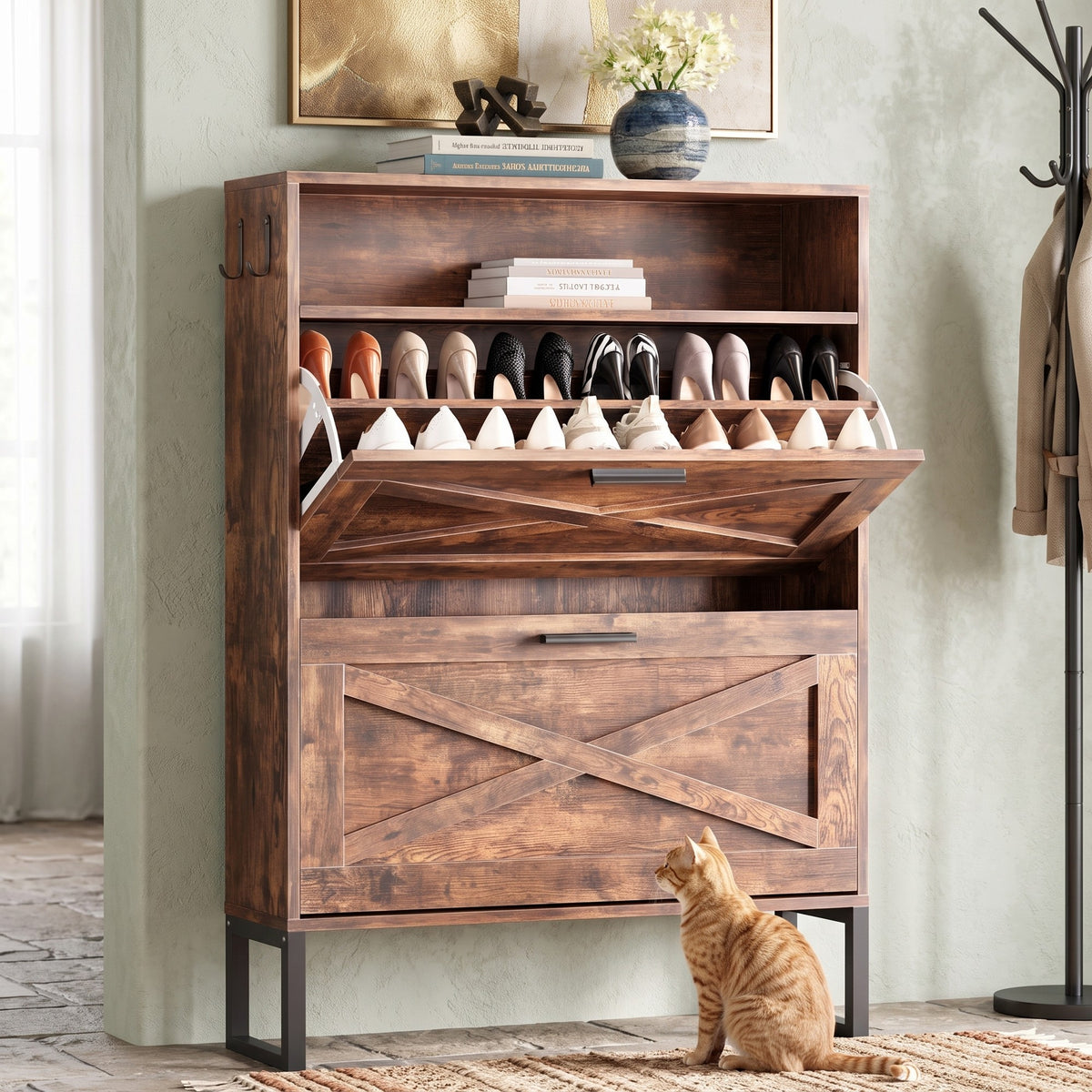 Flip-Door Shoe Cabinet for Entryway, Holds 32 Pairs, Adjustable Shelves, Farmhouse Burnt Wood Finish, 39" Tall