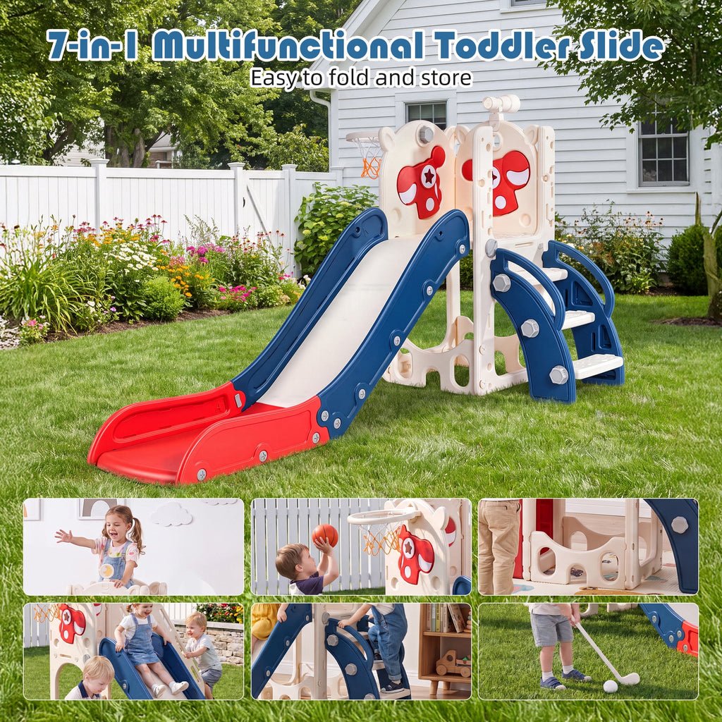 7-in-1 Toddler Slide with Climber and Basketball Hoop, Foldable Indoor Outdoor Kids Slide Playset with Golf Set