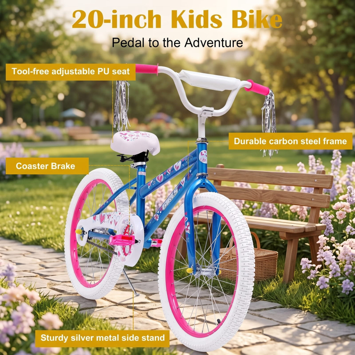 Girls 20 in. Bicycle, Youth Kids Bike for Age 7-14, Blue