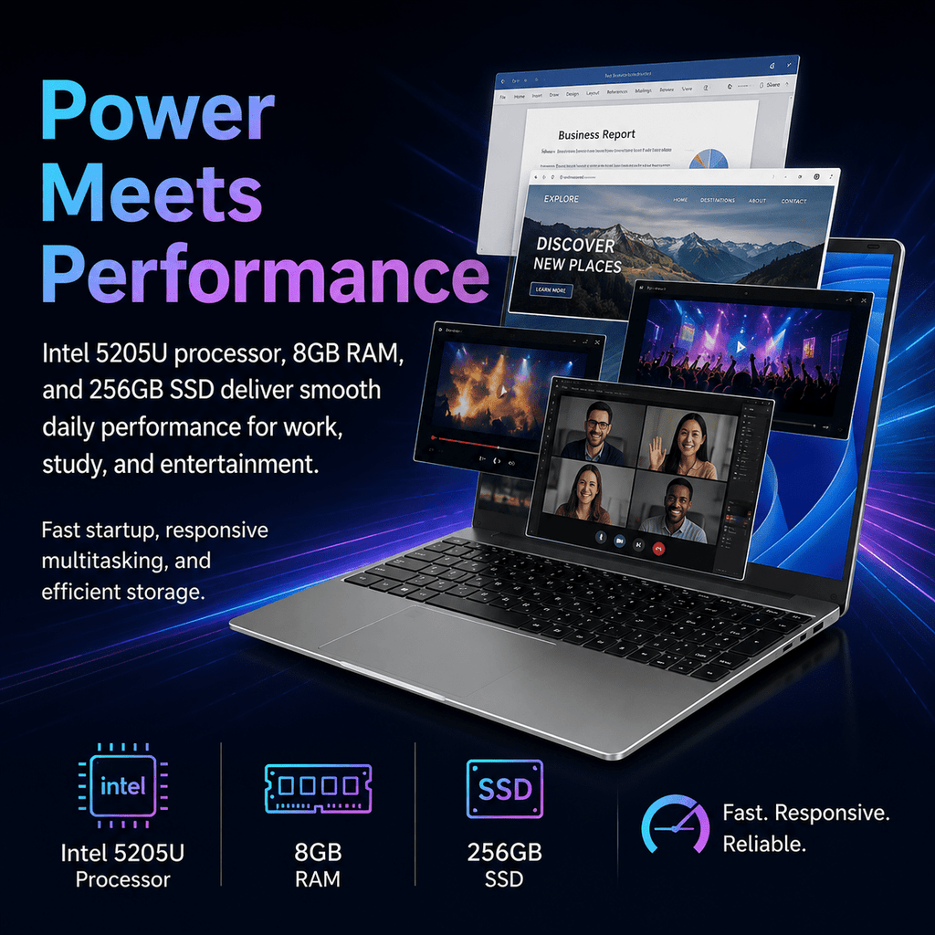 15.6 Student Laptop, Intel 5205U, 8GB RAM 256GB ROM Notebook Business Laptop for Beginner, Student, Business