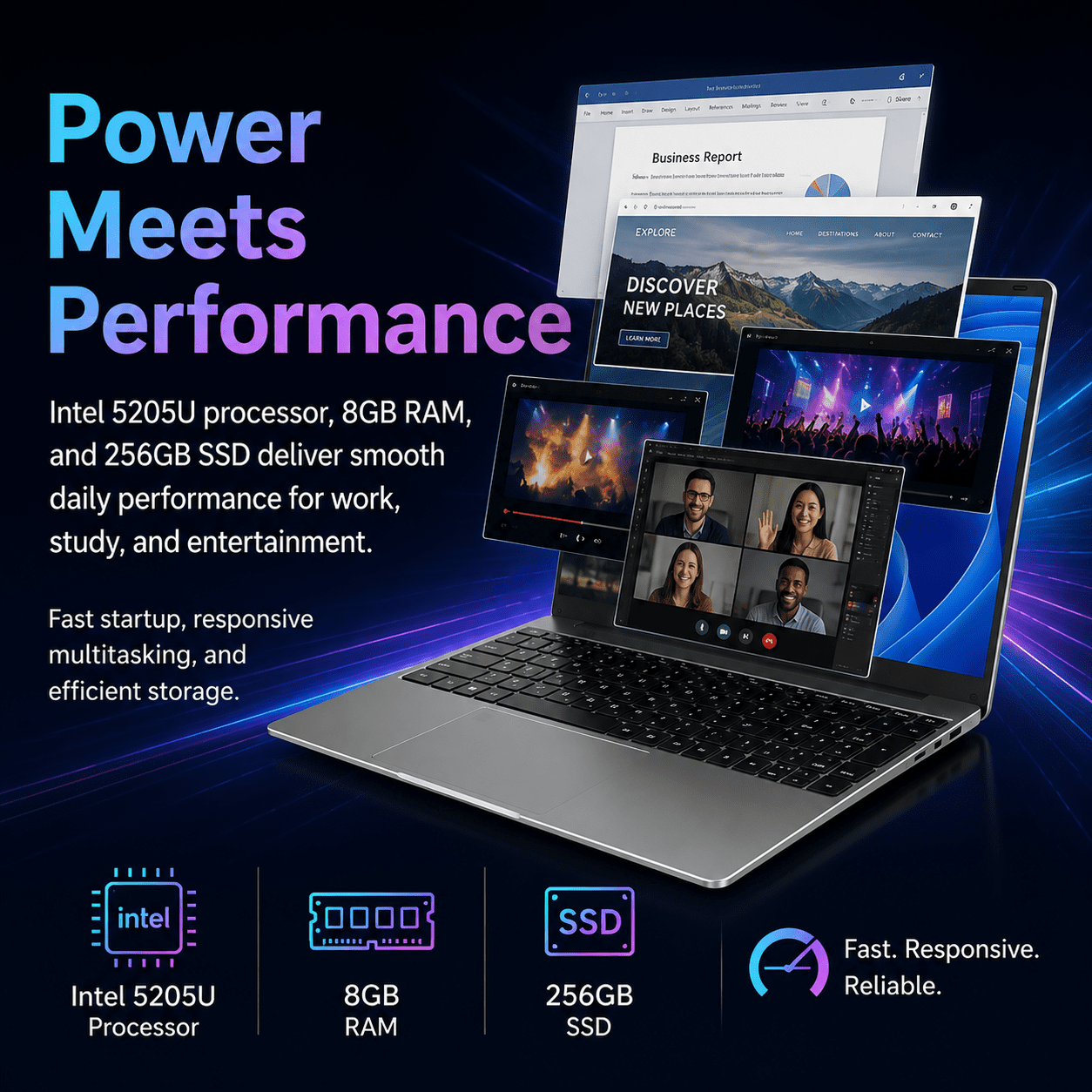 15.6 Student Laptop, Intel 5205U, 8GB RAM 256GB ROM Notebook Business Laptop for Beginner, Student, Business