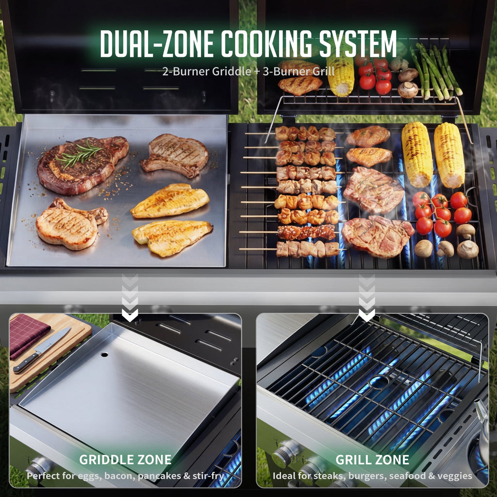 5-Burner Propane Gas Grill and Griddle Combo, 54,000 BTU Dual Fuel BBQ Grill with Side Burner for Backyard, Patio Outdoor Cooking & Entertaining