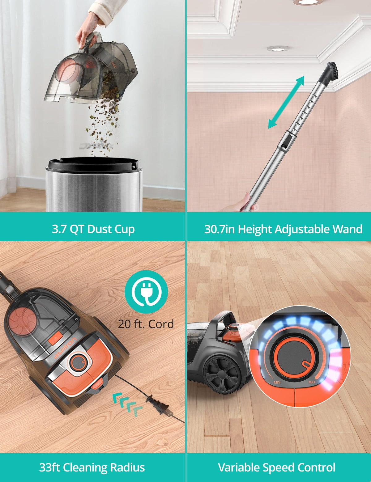 Canister Vacuum Cleaner, 1600W 40Kpa Bagless Canister Vacuum Cleaner with 5 Tools, Auto Cord Rewind, H13 HEPA Filter, 4Qt for Hard Floors, Carpet, Pet, Upholstery, Tiles