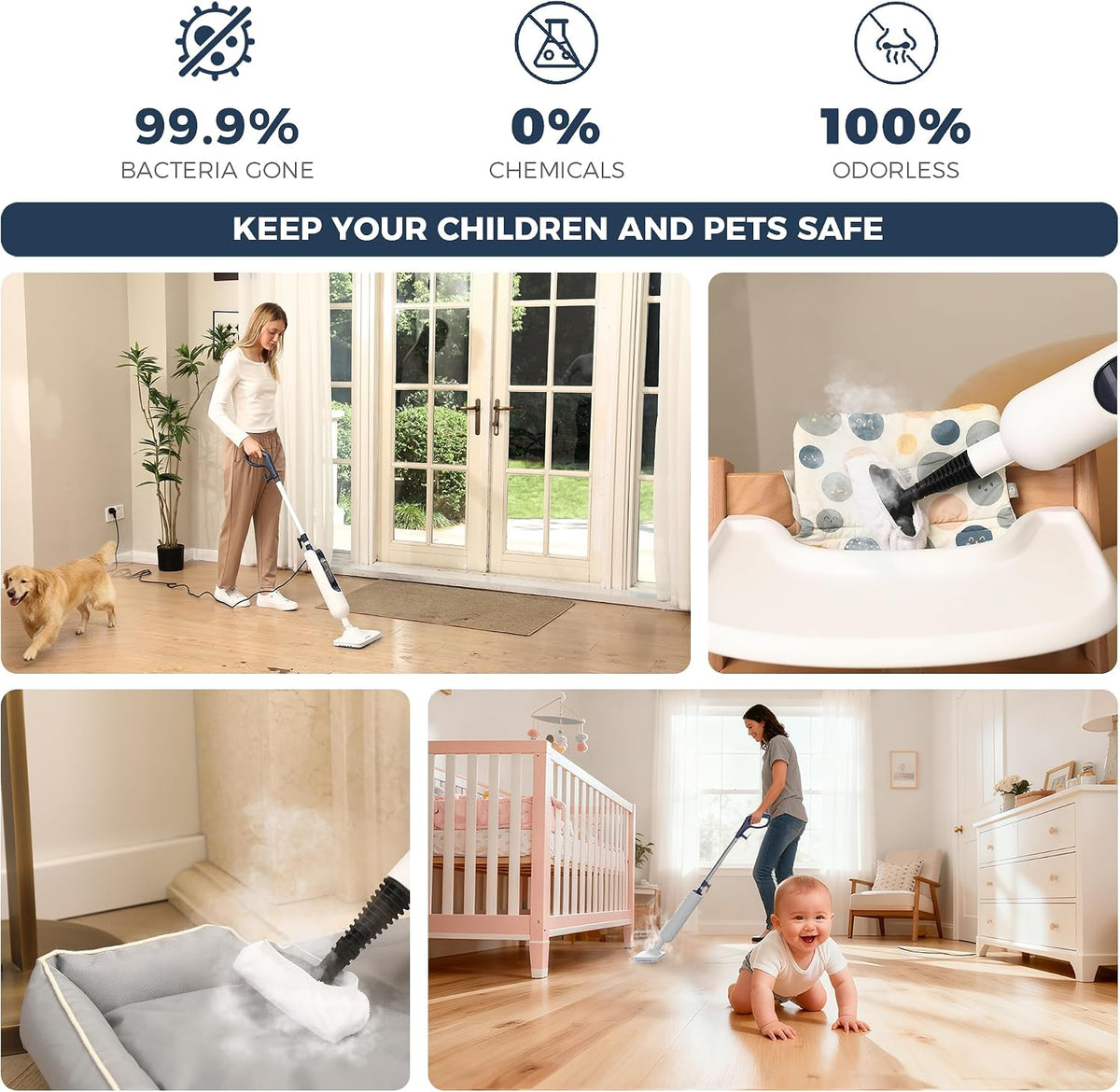 Steam Mop with Scent Pad Compartment, 1200W Multi-Purpose Steam Cleaner, 3 Steam Levels, 450ml Removable Water Tank, Self-Standing Design, Detachable Handheld Steamer, White