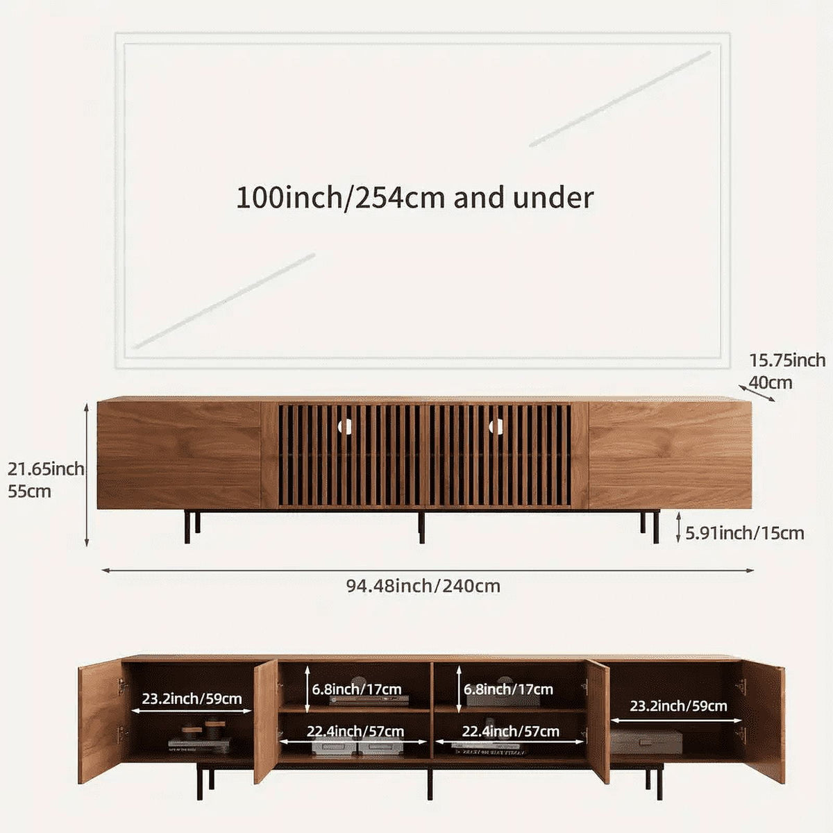 Mid-Century Modern TV Stand for 80+" TVs, 94.48" Walnut Console with Storage, Stylish Entertainment Center for Living Room or Bedroom